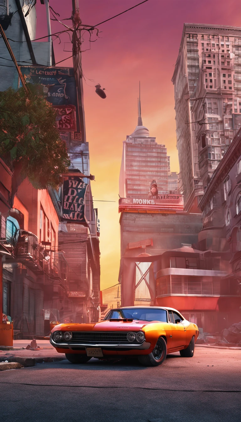 ultra-realistic image, Hellcat on the corner of the street,Street buildings in the background