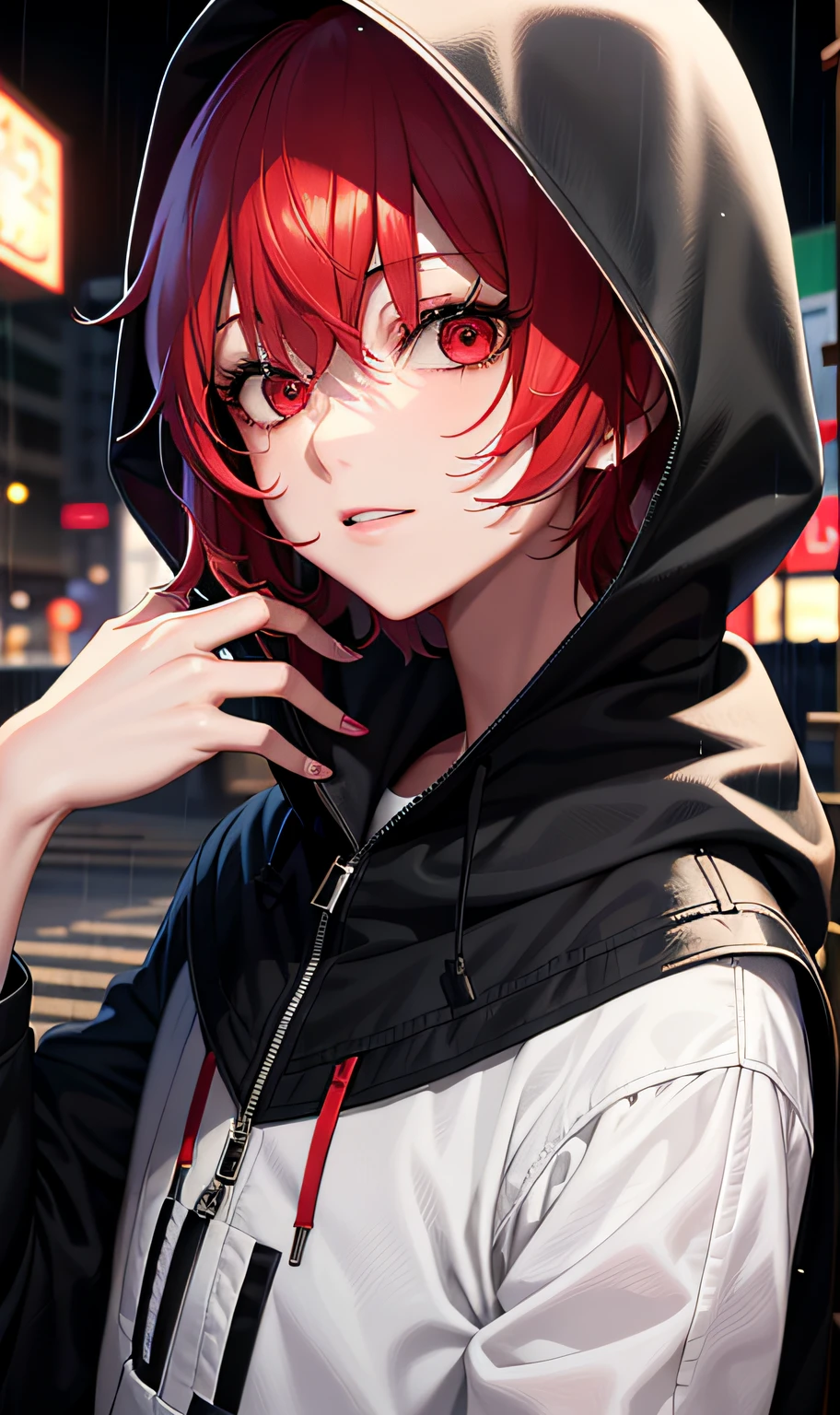 kk, best quality, more details, mastery, 1boy, kaneki ken, portrait, male focus, red eyes, solo, bangs, looking at viewer, hood, short hair, rain, tokyo tokyo \(city\), hijabi sluty,Nail polishing,whaite hair,Luxury,8k,the detail,Ray traching,depth of fields,电影灯光,