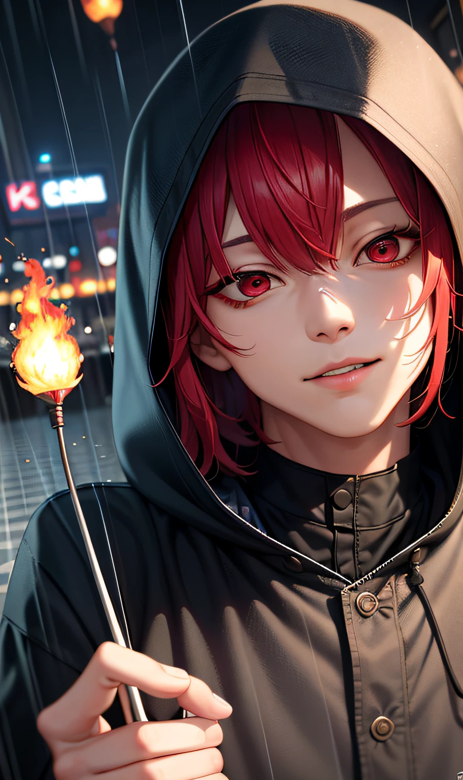 kk, best quality, more details, mastery, 1boy, kaneki ken, portrait, male focus, red eyes, solo, bangs, looking at viewer, hood, short hair, rain, tokyo tokyo \(city\), hijabi sluty,Nail polishing,whaite hair,Luxury,8k,the detail,Ray traching,depth of fields,电影灯光,