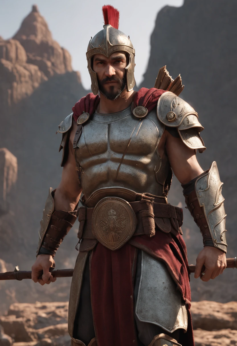 (Professional 3d rendering: 1.3) af (Realistic: 1.3) The most beautiful art photo in the world, Smooth function, Spartan hero, ((Epic hero fantasy man in Spartan armor hero with spear in hand, short hair, short beard and fierce expression in dynamic pose, no helmet, fantastic location, war environment and confusing)), full body 8K unit rendering, action shot, skin pore, very dark lighting, heavy shading, detailed A, Detail Face, (vibration, photo realistic, realistic, dramatic, dark, sharp focus, 8K), (复杂:1,4), decadent, (high detailed:1,4), digital painting, octane rendering, seasons art, concept art, Smooth, sharp focus, illustration, From the germ of art, (loish:0.23), wlop ilya kuvshinov, and Greg Rutkowski and Alphonse Mucha Gracias, (global lighting, studio light, light volume), very heavy rain, floating particles, lotr , fantasy, business, Integeresbian body, ((Dark and old city background: 1.3)),CGSesocieda,art stations