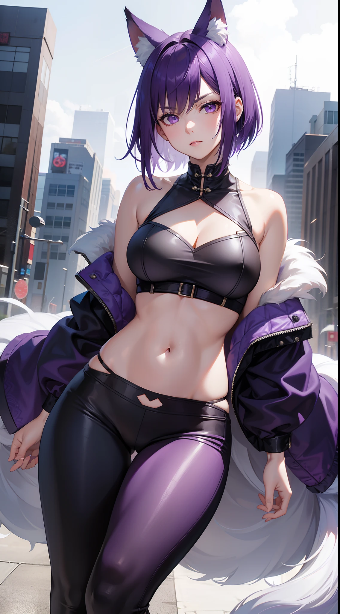 Adult woman, short purple hair with white strands, Fox ears, violet eyes, Chinese Battle Dress, neckline on the chest, open belly, tight pants, Fox tails, angry, Masterpiece, hiquality