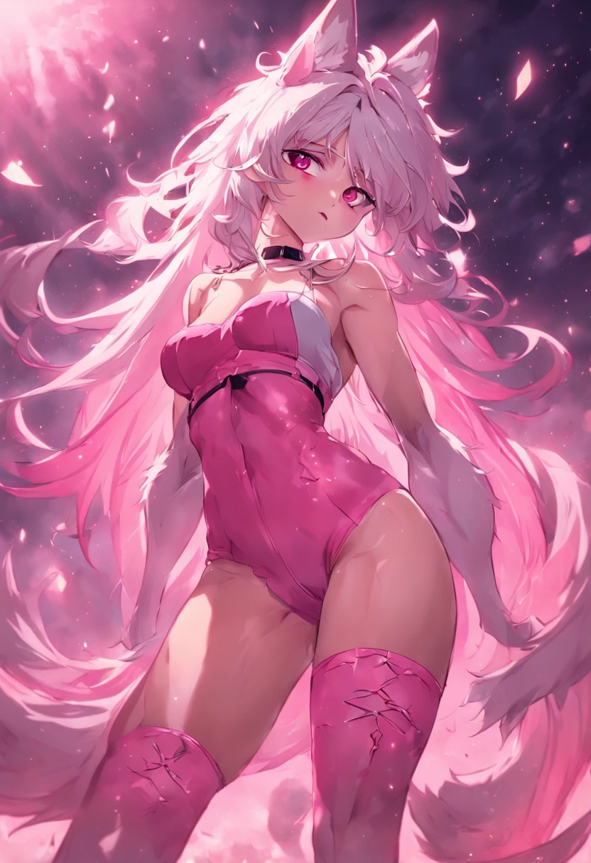Muscular male wearing cute pink panties and thigh high socks, has long flowing white hair, has wolf ears, has wolf tail, wearing lingerie, sweaty, is alone, solo, looks embarrassed, wearing bustier