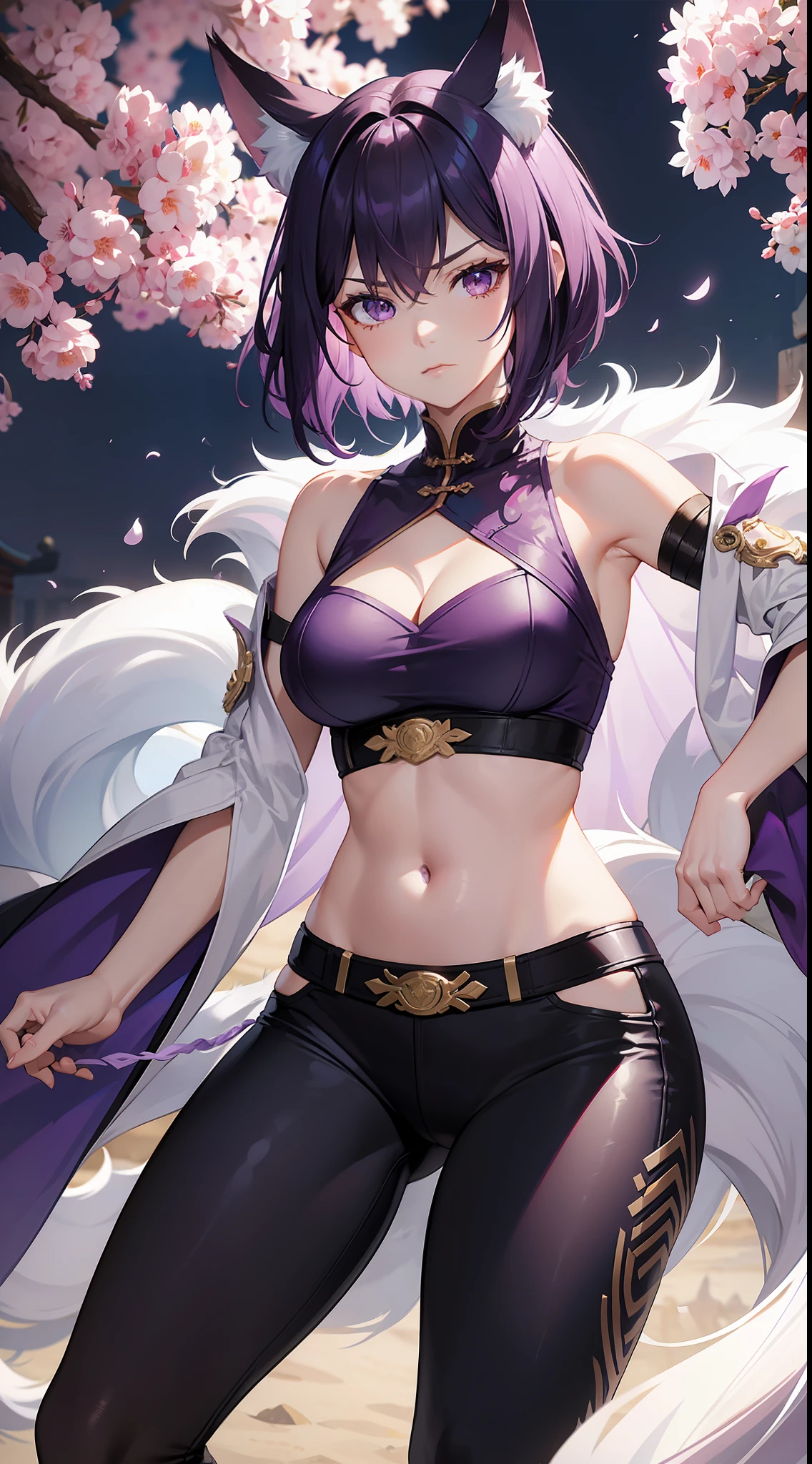 Adult woman, short purple hair with white strands, Fox ears, violet eyes, Chinese Battle Dress, neckline on the chest, open belly, tight pants, Fox tails, angry, Masterpiece, hiquality