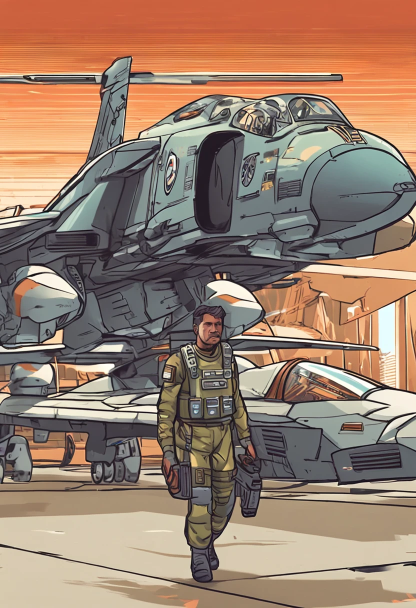 Medium shot，Complete character backgrounds and large fighters to face，The pilot holds a combat helmet in his hand on the tarmac，For fighters，Get ready to board the high-tech flight
Marching fighters，Sci-fi livery，High-tech weapons of war，Full of hope，
epic sense，Real shooting，Strong realism