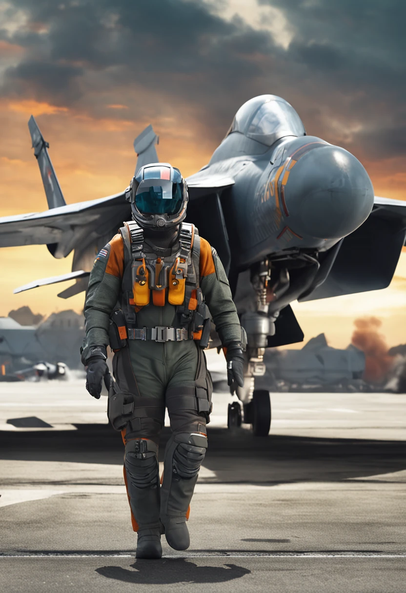Medium shot,Complete character backgrounds and large fighters to face,The pilot holds a combat helmet in his hand on the tarmac,For fighters,Get ready to board the high-tech flight
Marching fighters,Sci-fi livery,High-tech weapons of war,Full of hope,
epic sense,Real shooting,Strong realism