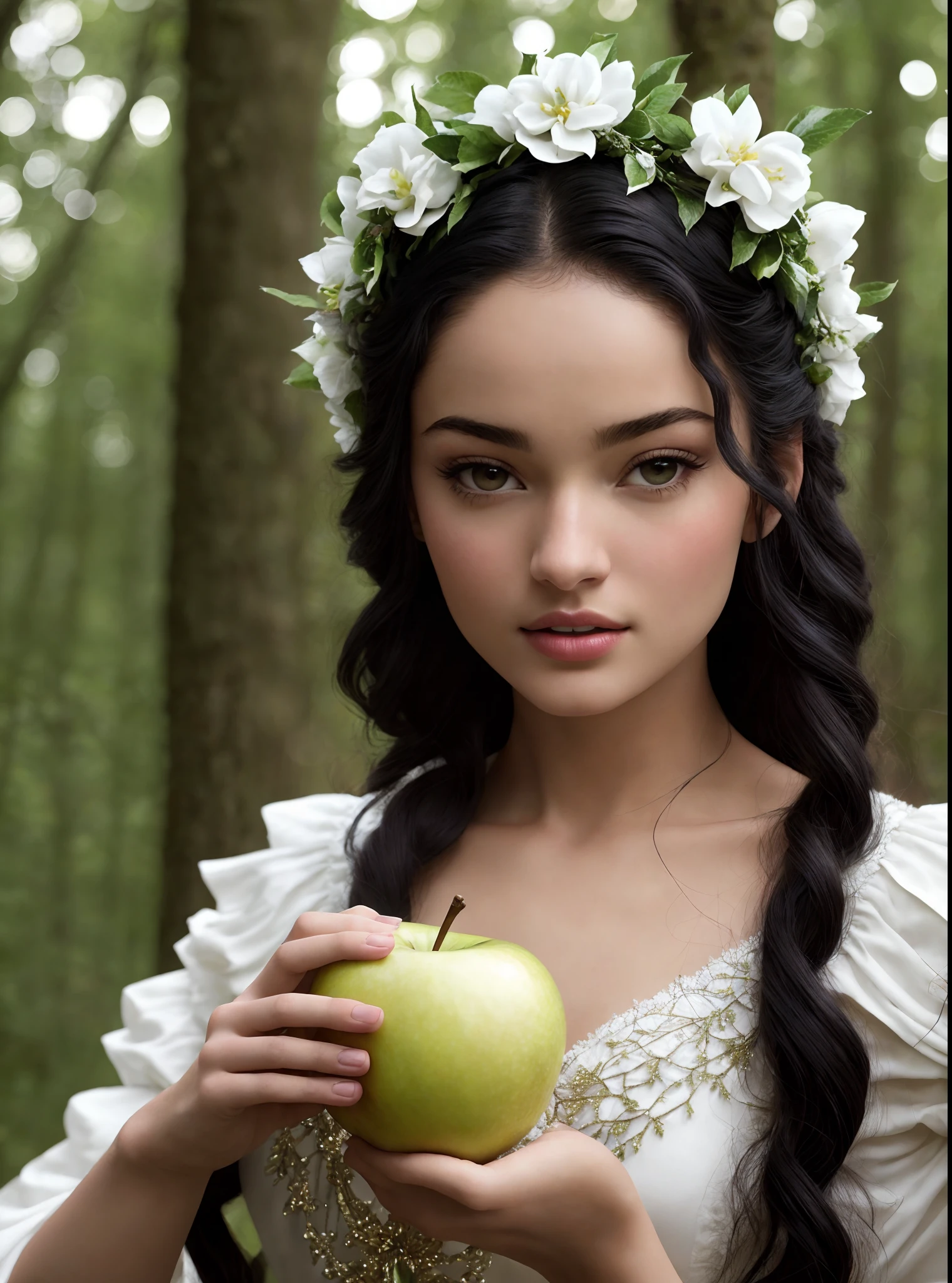 A closeup of a woman holding an apple in a forest, Retrato da Branca de Neve, 4K HD |. cabelos brancos de neve, Branca de Neve, Disney foto realista, Disney fotorrealista, Branca de Neve como um D & d lutador, master part! Retrato de Arwen, pale snow white skin, with apple, - Shanina Shaik como Medusa