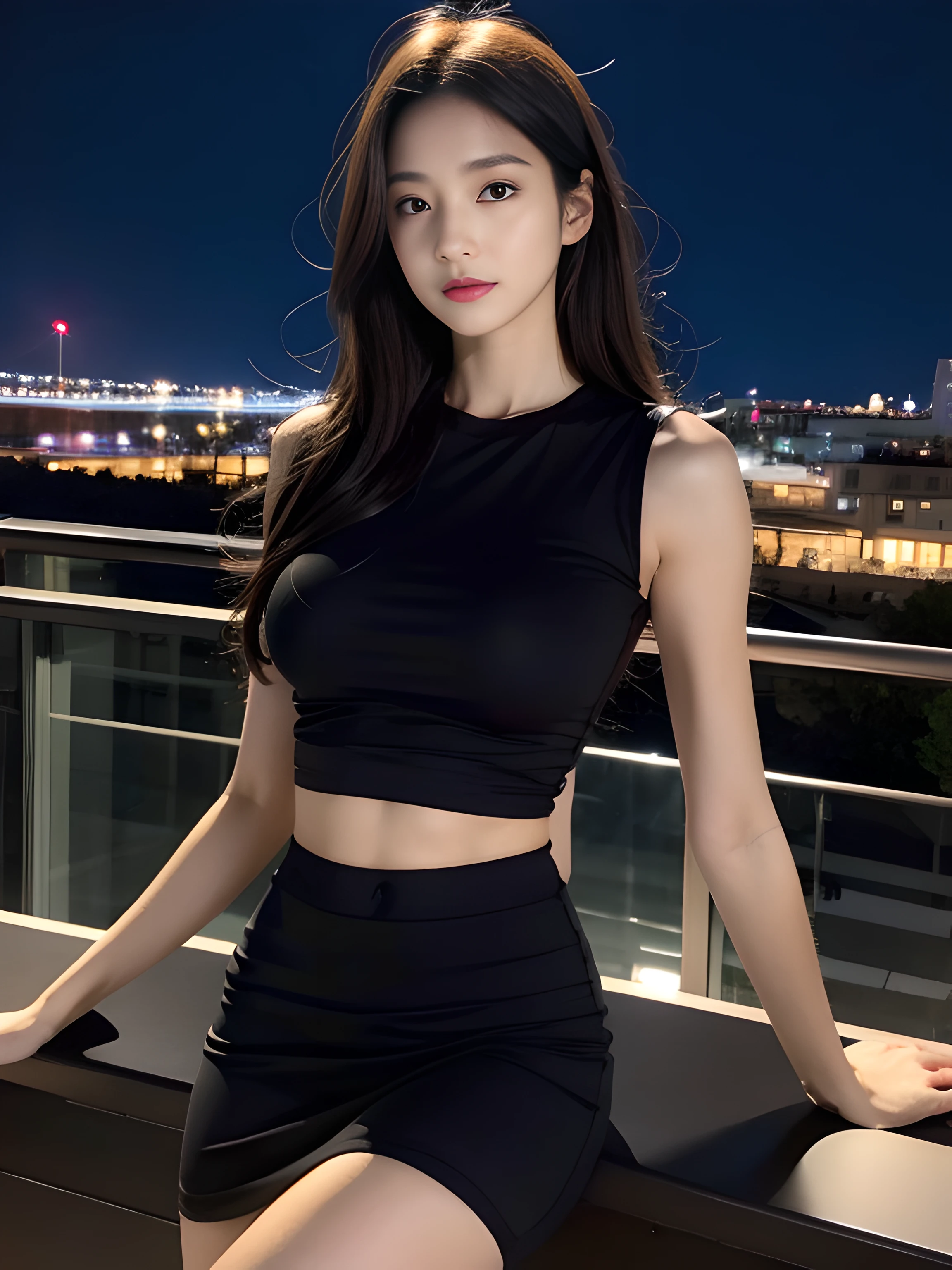 （（midynight， Acura， 8K， tmasterpiece： 1.3））， full bodyesbian， long leges， Focalors： 1.2， perfect figure beautiful woman： 1.4， Slim abs： 1.1， （dark brown  hair，： 1.2 ））， （tight tshirt， short  skirt，sitting on a stool： 1.2）， （city night scene， the roof： 1.3））， Highly Detailed Face and Skin Textur， detailedeyes， 二重まぶた，
