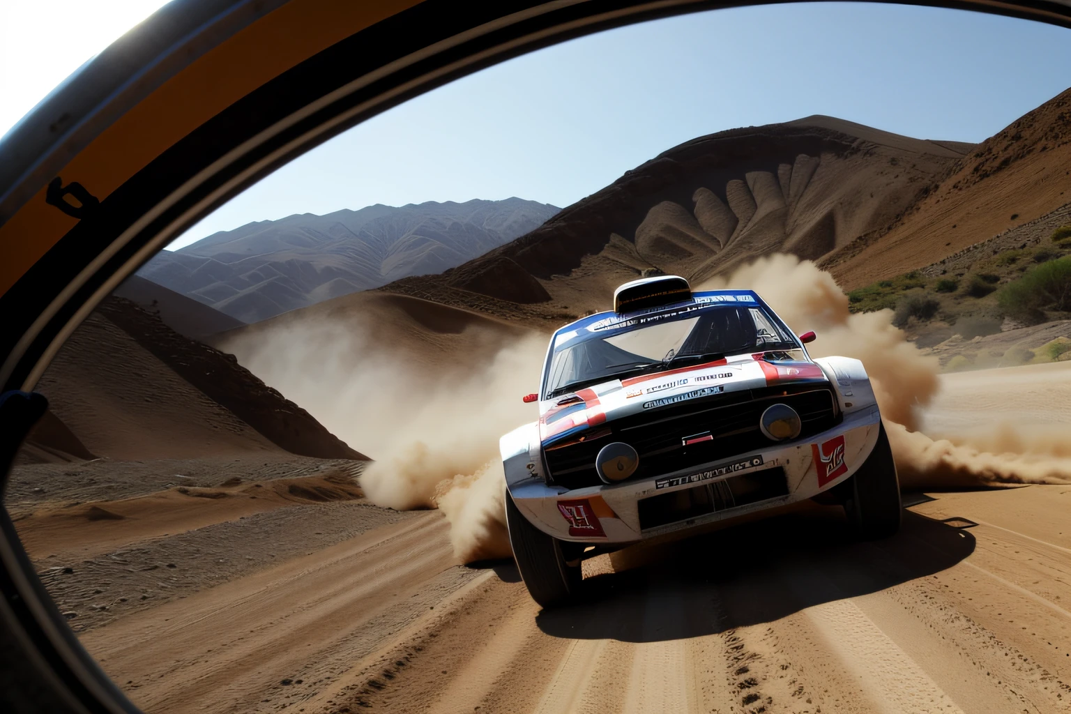 Rally driver's perspective、cockpit、Rearview mirror、hairpin curve、side-by-side、Dead Heat、Sand smoke、Intense sprinting sensation、mountainous setting、Dirt、Slow shutter