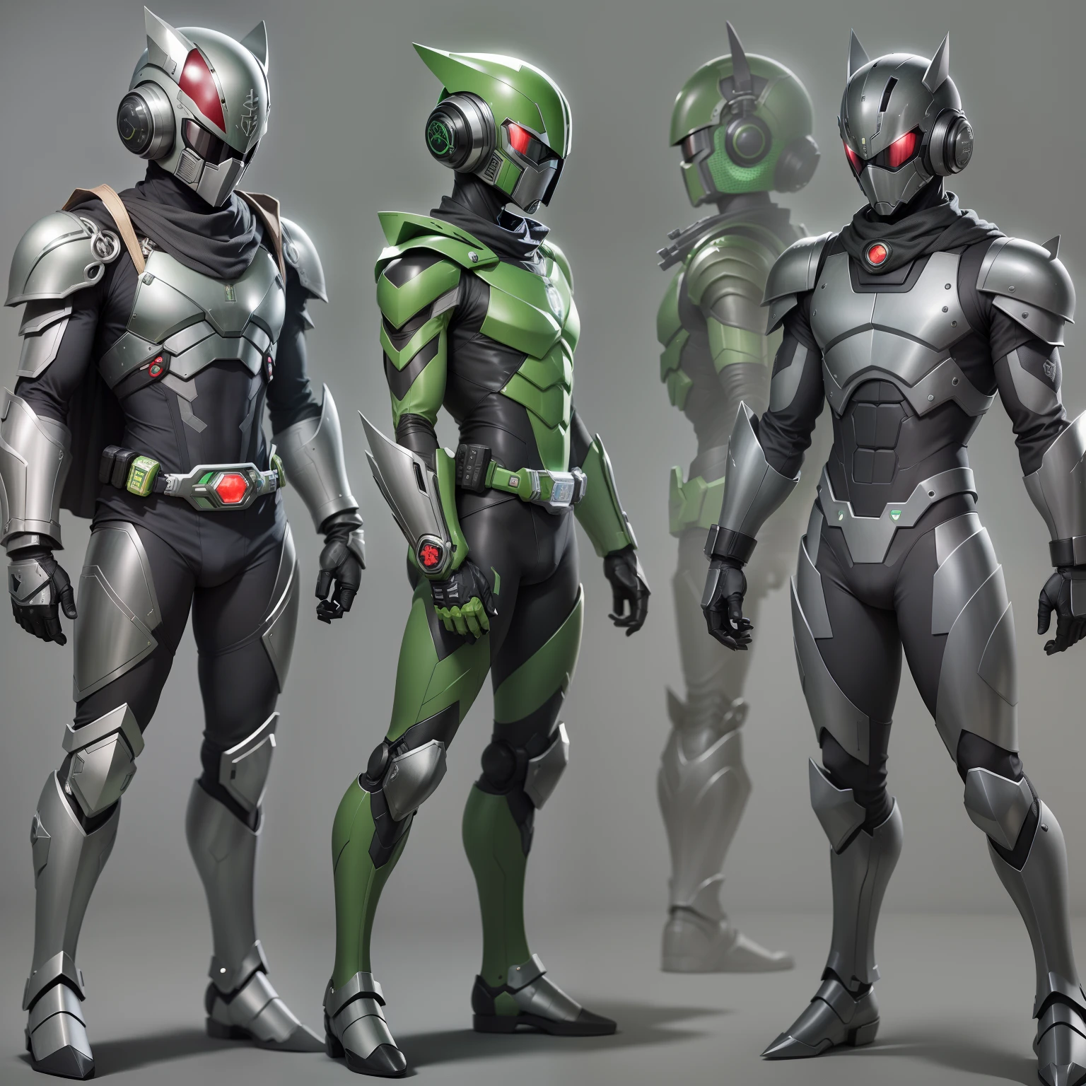 Green Kamen Rider, silver armor, Gray and black clothing, Green Tech Set, secret agent, droid