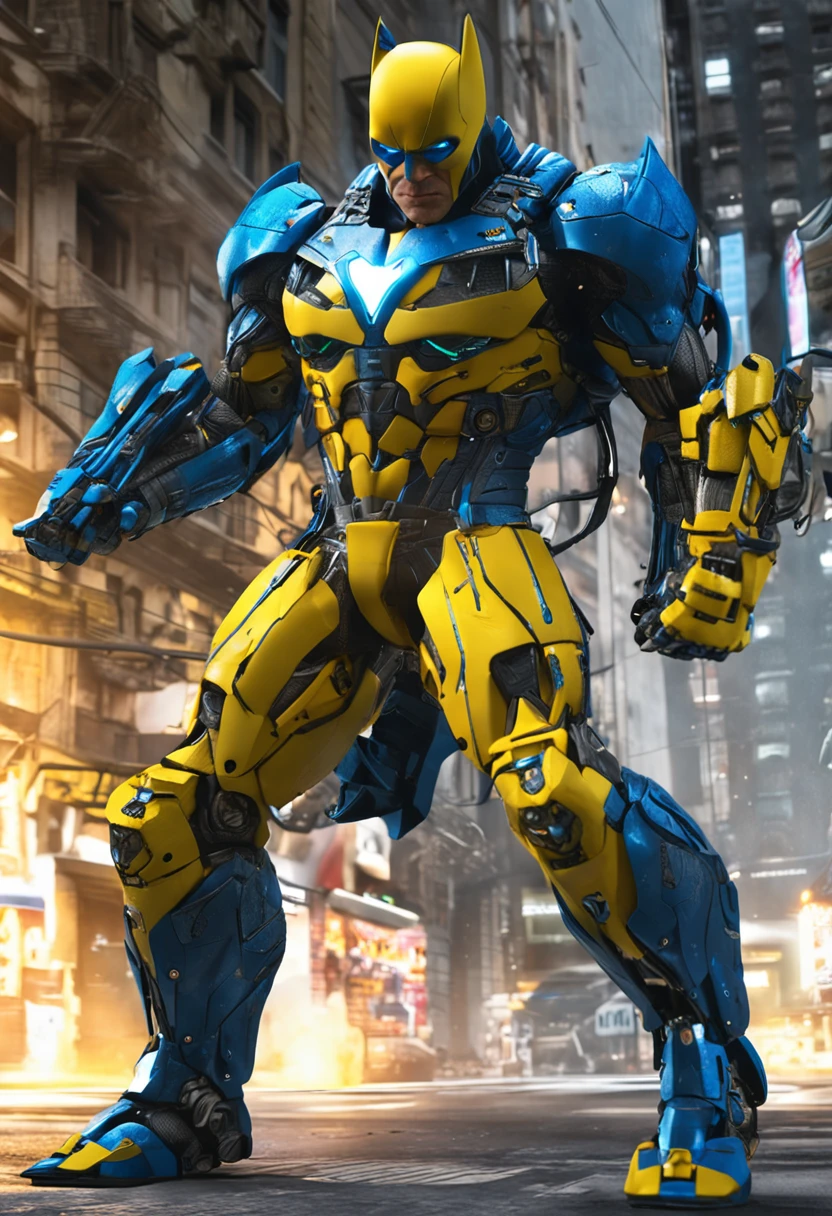 Um batman verde, Realistic yellow and blue in a titanium cybernetic suit, detalhado, designe perfeito, alta qualidade arestas perfeitas e simetricas ::n_desenho de estilo, Low-quality imperfection, boneco, jogo, anime