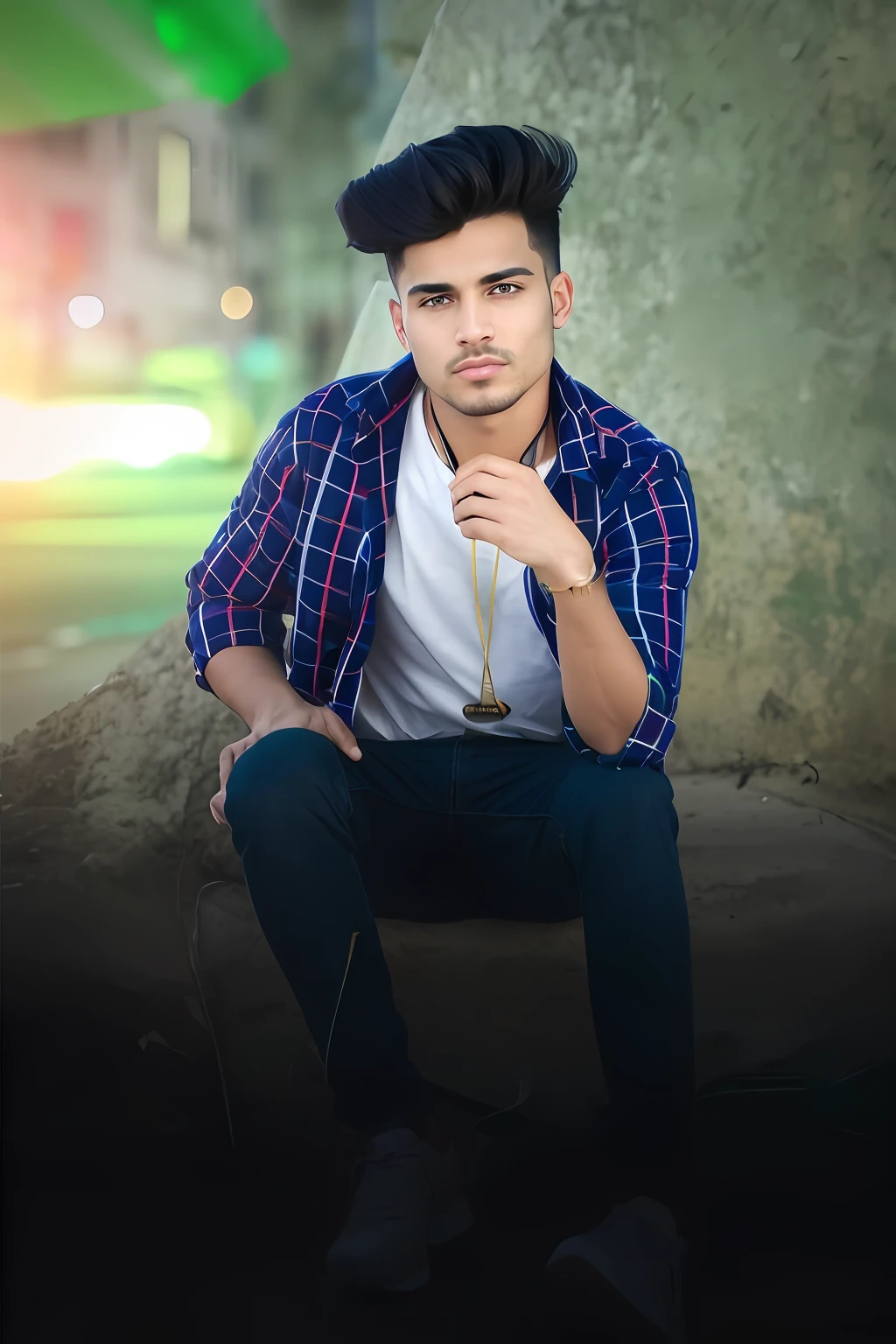 photo of an insanely handsome Brazilian man, green eyes, short messy windy blonde hair, closeup zoomed in tight crop portrait, running down a (street on a big city scene people shops cars:1.2) wearing a (casual jeans:1.3) (shopping bags on his hand:1.3) (Lighting-Gold:1.2) action shot foreground objects background details (masterpiece:1.2) (photorealistic:1.2) (bokeh:1.2) (best quality) (color grading) (detailed skin:1.3) (intricate) (8k) (HDR) (cinematic lighting:1.3) (sharp focus), very masculine, messy windy hair