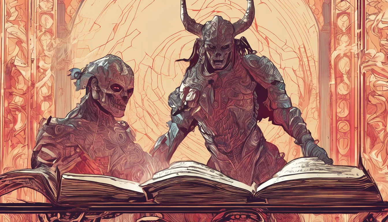 an open holy luminous book and a demonic figure next to it