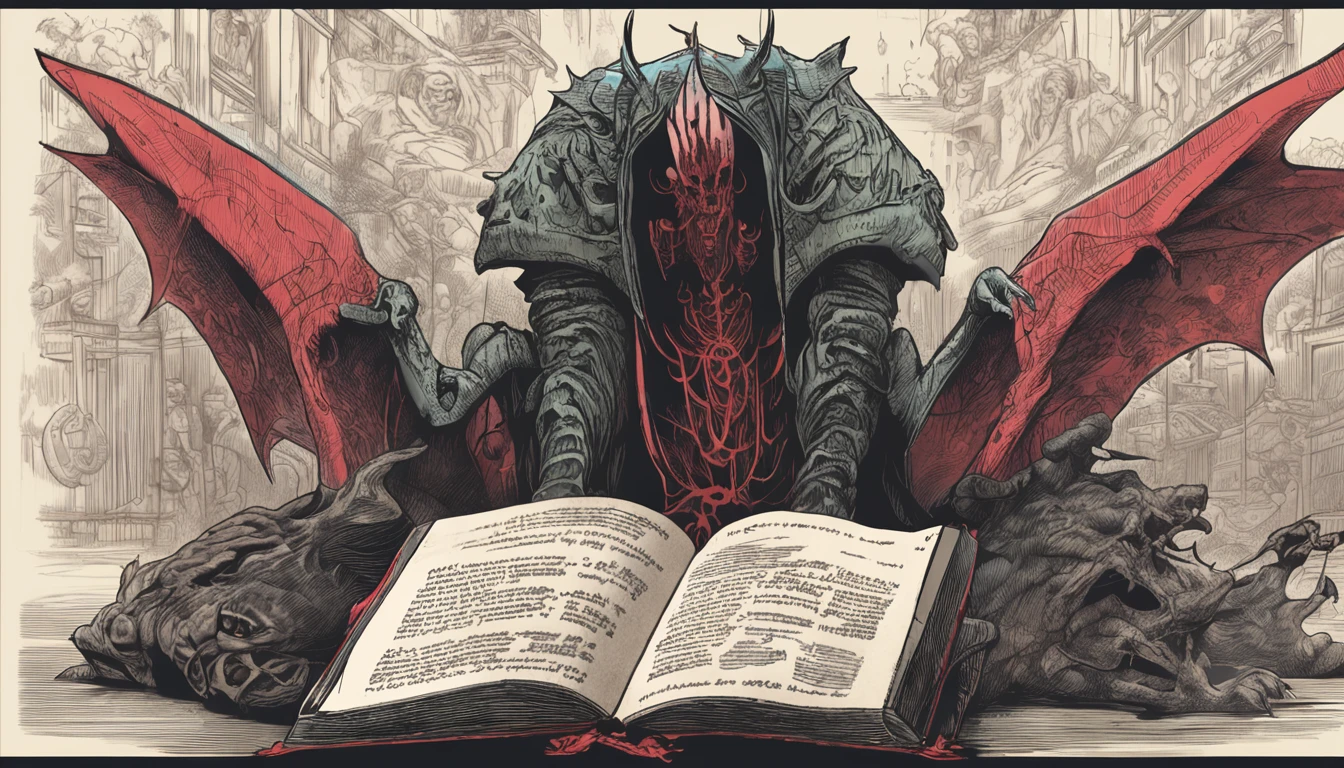 an open holy luminous book and a demonic figure next to it