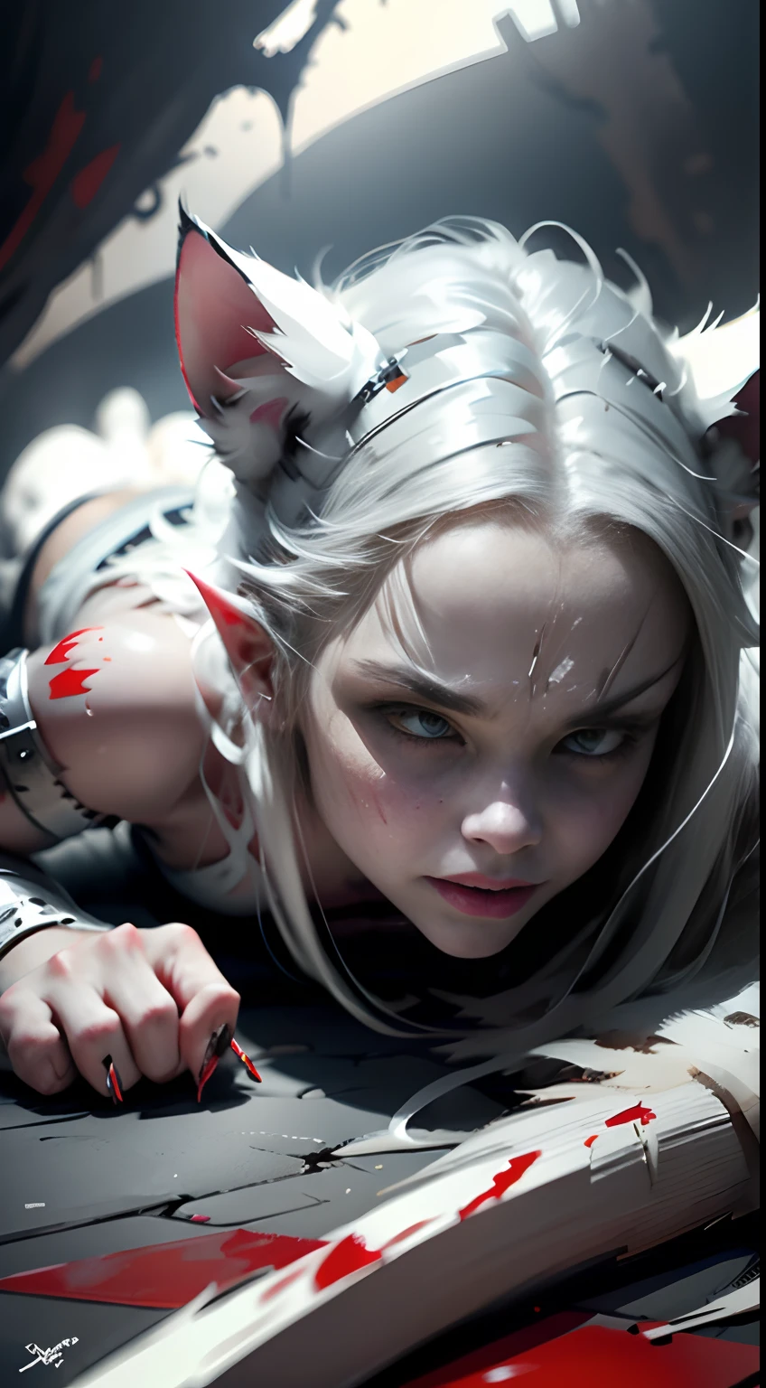 masterpiece, best quality, (undead girl:1.3), elegant, 1girl, wolf ears, wolf tail, cute, blushed, looking at viewer, from above, blonde wavy hair, (cum, sperm in open mouth:1.3), open panties under the mini skirt, white and black striped T-shirt, wet T-shirt, blue eyes, beautiful eyes, inferno in background, light particles, dramatic lighting, inferno, realistic, best quality, ultra-detailed, scenery, beautiful detailed eyes, detailed hair on the tiny breasts
