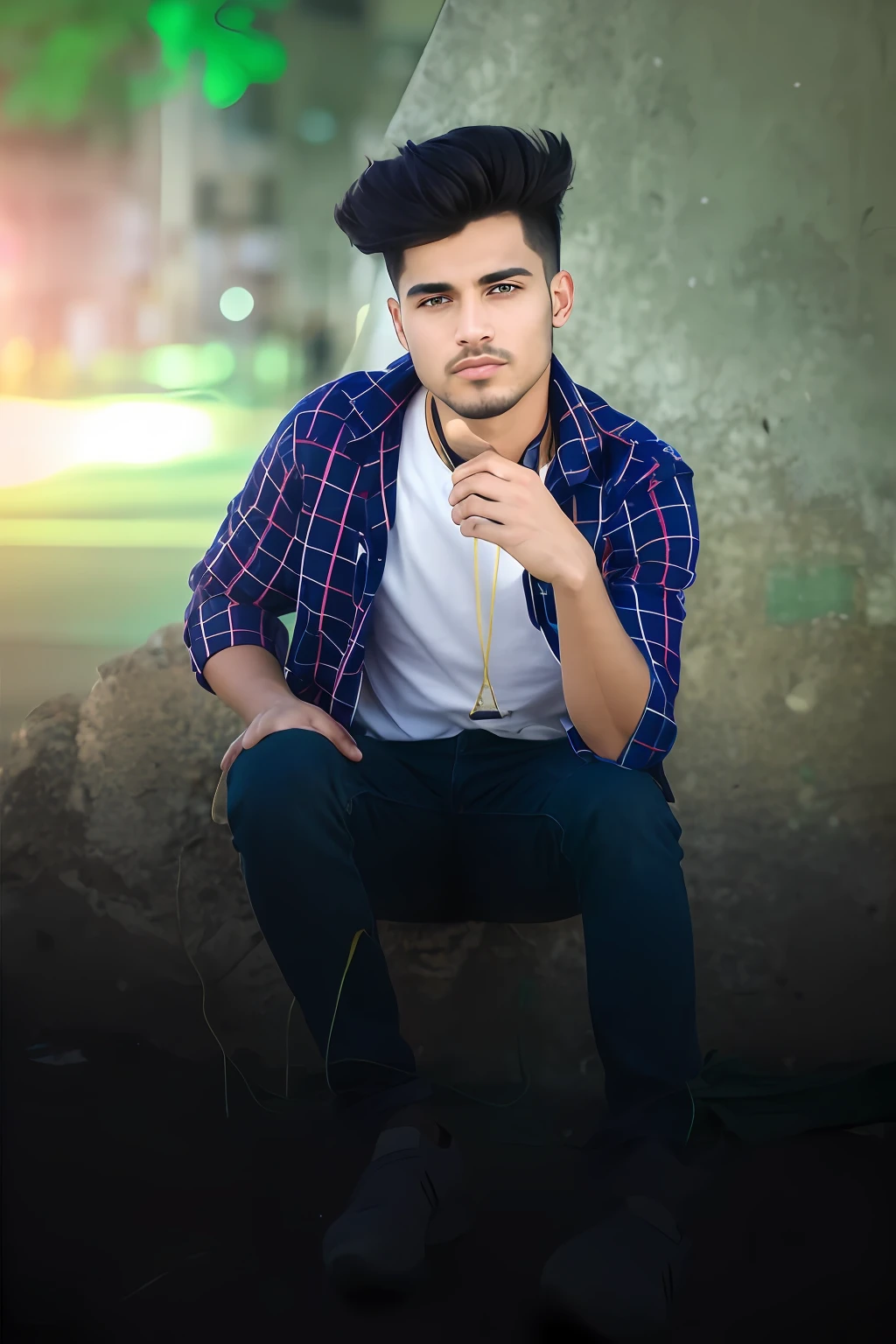 photo of an insanely handsome Brazilian man, green eyes, short messy windy blonde hair, closeup zoomed in tight crop portrait, running down a (street on a big city scene people shops cars:1.2) wearing a (casual jeans:1.3) (shopping bags on his hand:1.3) (Lighting-Gold:1.2) action shot foreground objects background details (masterpiece:1.2) (photorealistic:1.2) (bokeh:1.2) (best quality) (color grading) (detailed skin:1.3) (intricate) (8k) (HDR) (cinematic lighting:1.3) (sharp focus), very masculine, messy windy hair