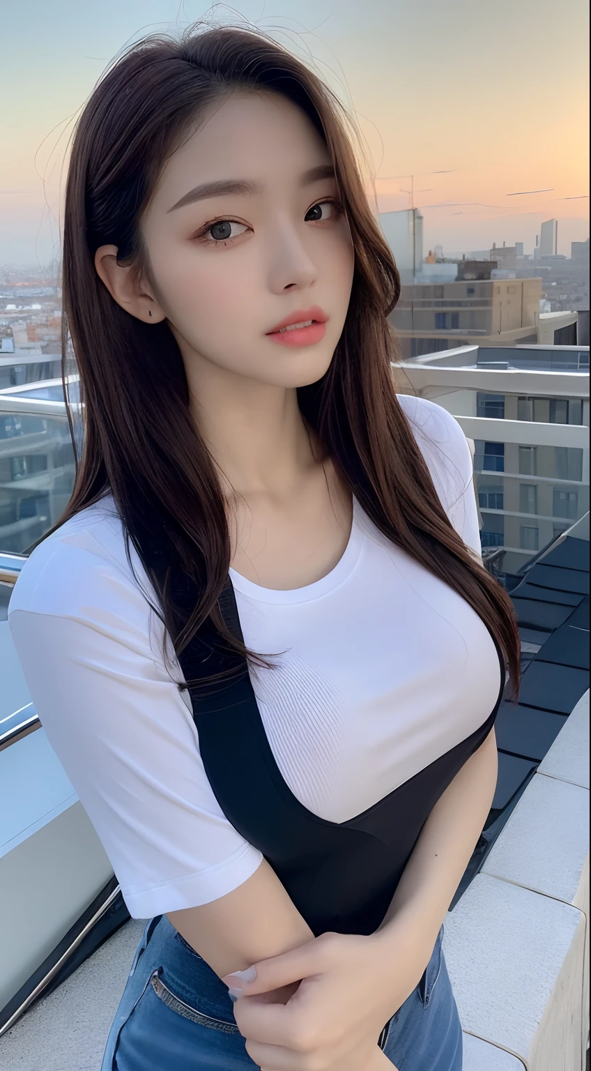 ((Midnight, Best quality, 8k, Masterpiece :1.3)), Whole body, Long legs, Sharp focus :1.2, A pretty woman with perfect figure :1.4, Slender abs :1.1, ((Dark brown hair, Big breasts :1.2)), (White tight tshirt, Jean bib, Standing:1.2), ((Night city view, Rooftop:1.3)), Highly detailed face and skin texture, Detailed eyes, Double eyelid