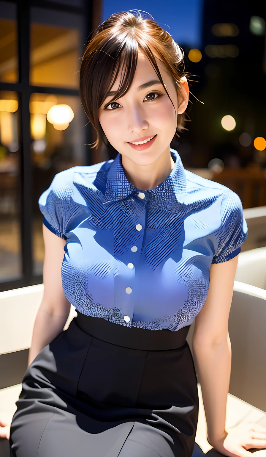 (8k, RAW photo, best quality, masterpiece:1.2), (realistic, photo-realistic:1.37), ultra-detailed,
1 girl,cute, solo,beautiful detailed sky,detailed cafe,night,sitting,dating,(nose blush),(smile:1.1),(closed mouth),large breasts, seductive smile, large aparture, professional lighting, Sony A7R4, Zessie 50mm F1.8,
medium breasts,beautiful detailed eyes,(collared shirt:1.1), bowtie,pleated skirt,(short hair:1.2),floating hair