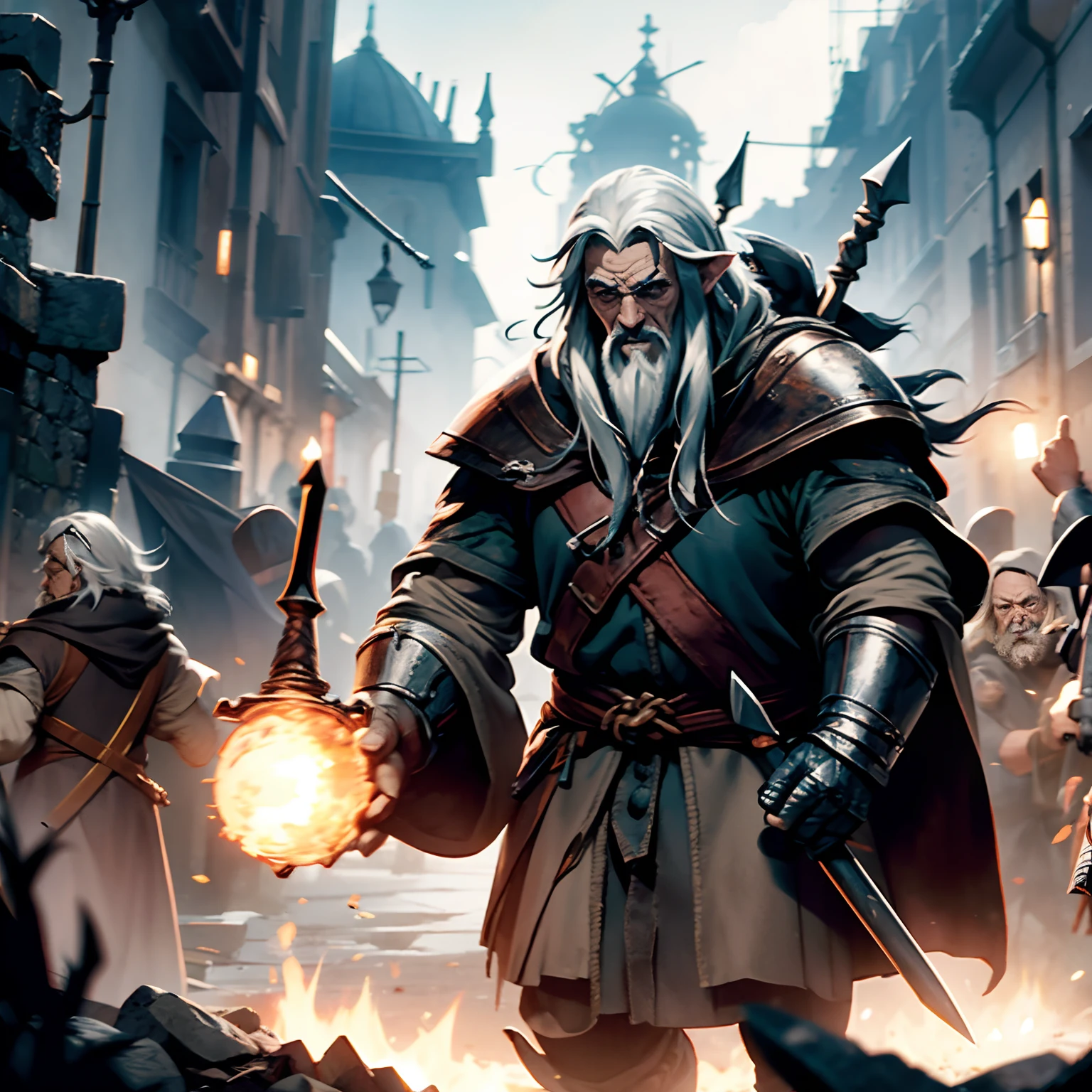 decenas de orcos estan atacando un pueblo gandalf defiende el pueblo con poderes magicos