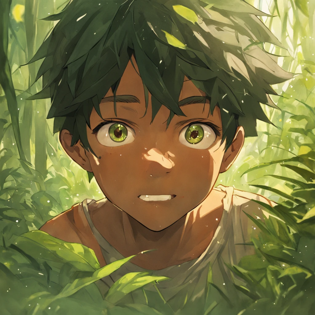 Na arte ultra realista, a verdant backdrop is depicted, com plantas exuberantes e folhagens diversas. Entre as plantas, vemos um  afro-brasileiro, black skin bright eyes peeking from behind a bush,as folhagem cobrem metade do seu rosto com um olhar travesso e um sorriso malicioso que se destaca em seu rosto. The boy's half of his face is in focus, allowing the viewer to see the minute details of his expression. Seus olhos possuem um brilho cativante e travesso, while the arched eyebrows add a touch of malice to her gaze. The nose is slightly flattened and the lips are thin, curvados em um sorriso que revela seus pequenos dentes brancos .He wears no shirt and wears a plain red cap on his head
