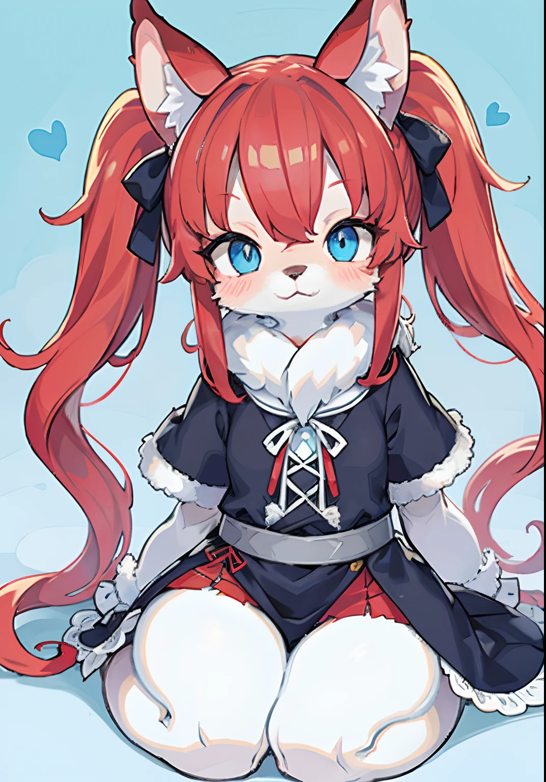 solo,furry,furry girl , fluffy tail,Animal ears, red hair, blue eyes,cute,li,Twintails,white fur,long hair