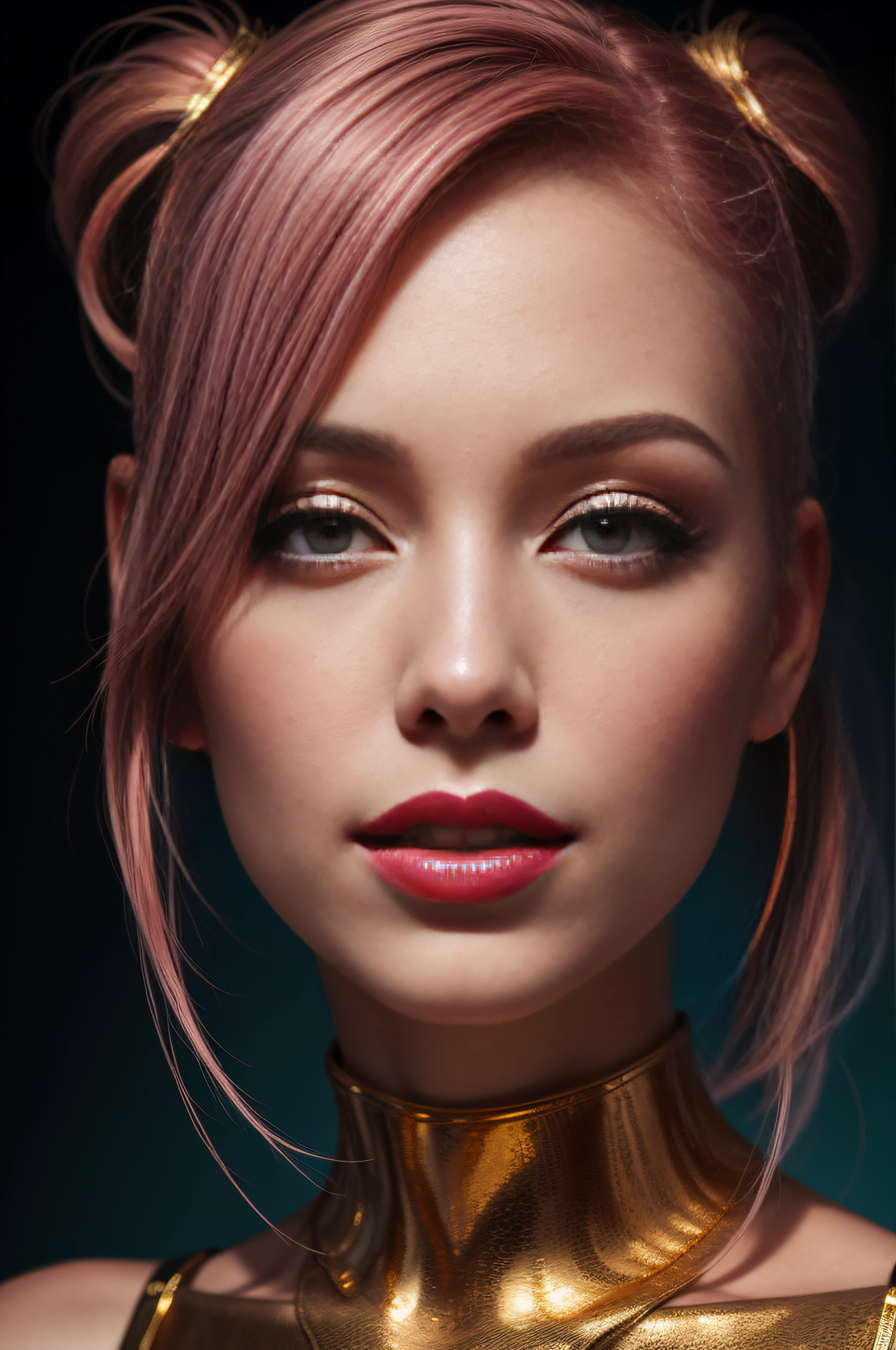 an image of a woman with pink hair and pink lipstick, in the style of hyperrealistic marine life, light gold and azure, dreamlike symbolism, enchanting realms, golden palette, zbrush, iconic album covers
