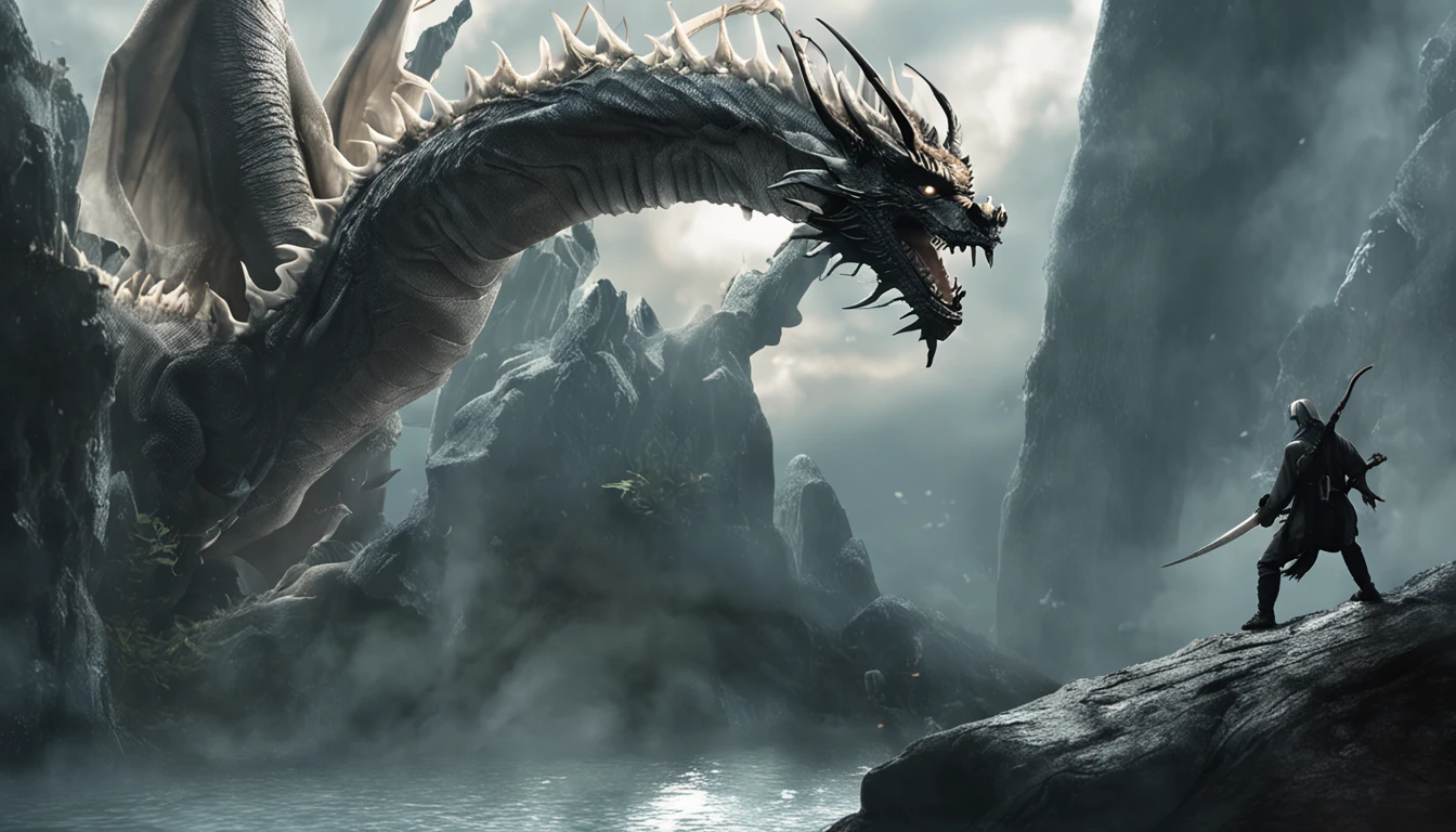 1 White Dragon, Lakes and water, Best quality, Masterpiece, 超高分辨率, (photograph realistic:1.4), surrealism, Dream-like,fusionart, Shadowdancer, shadow magic, darkness control, stealth, shadowstep, umbral spells, hidden blade,