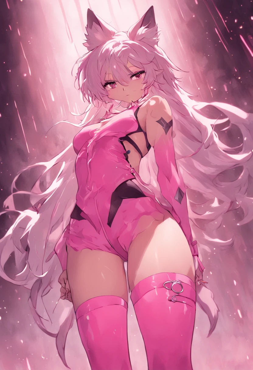 Muscular male wearing cute pink panties and thigh high socks, has long flowing white hair, has wolf ears, has wolf tail, wearing lingerie, sweaty, is alone, solo, looks embarrassed, wearing bustier