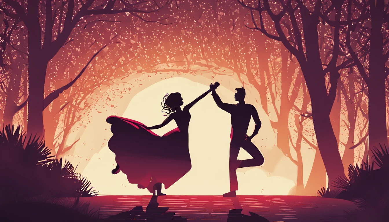 Pareja Bailando en la Oscuridad: Create an illustration of a couple dancing in the dark, rodeados de destellos de luz que resaltan sus movimientos elegantes.