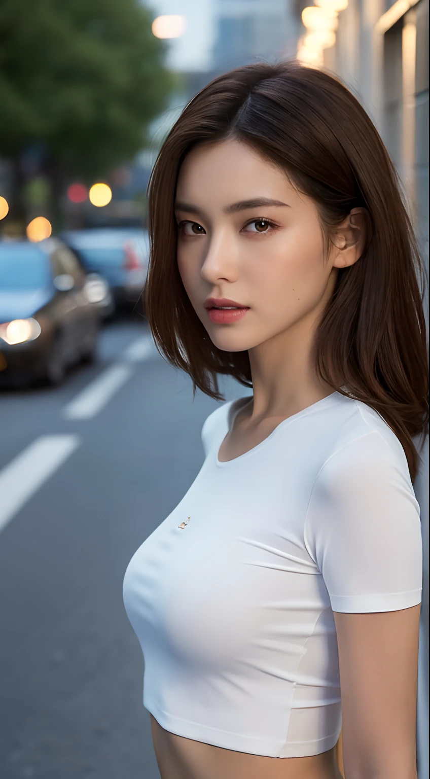 ((Realistic lighting, Best quality, 8K, Masterpiece: 1.3)), Clear focus: 1.2, 1girl, Perfect Figure: 1.4, Slim Abs: 1.1, ((Dark brown hair)), (White crop top: 1.4), (Outdoor, Night: 1.1), City streets, Super fine face, Fine eyes, Double eyelids,