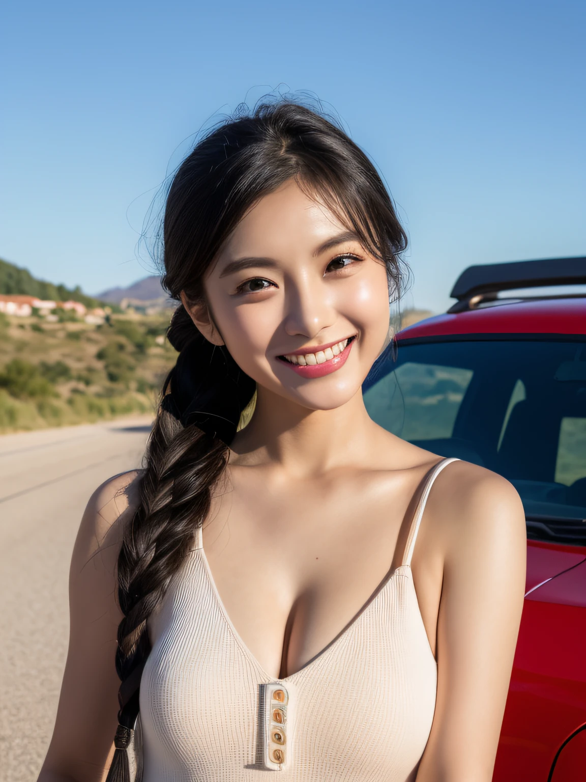 Nogizaka Musume 1、Very cute beautiful girl、20yr old、(Sporty fashion)、Beautiful face, eyes and skin with exquisite detail、fine black hair、(small tits)、(cleavage of the breast)、(open-chested)、poneyTail、(Smile at the camera)、(cowboy shot)、(Travel by car in Europe)、profetional lighting、BREAK、(realisitic、Photorealsitic:1.37)、8K、Vast landscape background、Stand next to the car、Red Jeep、(masterpiece)、(top-quality:1.4)、 (超A high resolution:1.2)、(Raw photography:1.2)、perfect anatomia、4 fingers and 1 thumb、Ultra detailed backgrounds、(Wallpapers by Unity 8K)