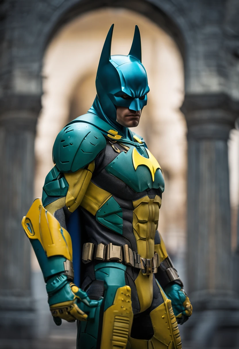 Um batman verde, amarelo e azul, brasileiro, realistic in a titanium cybernetic suit, detalhado, designe perfeito, alta qualidade arestas perfeitas e simetricas ::n_desenho de estilo, Low-quality imperfection, boneco, jogo, anime