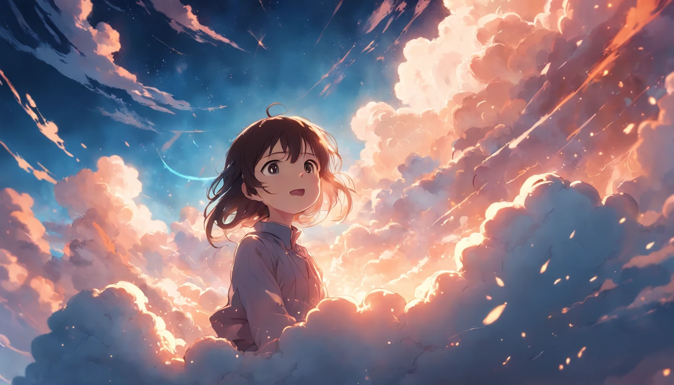 masterpiece, best quality, movie still, 1girl, cloud girl, floating in the sky, close-up, bright, happy, warm soft lighting, sunset, (sparks:0.7)
