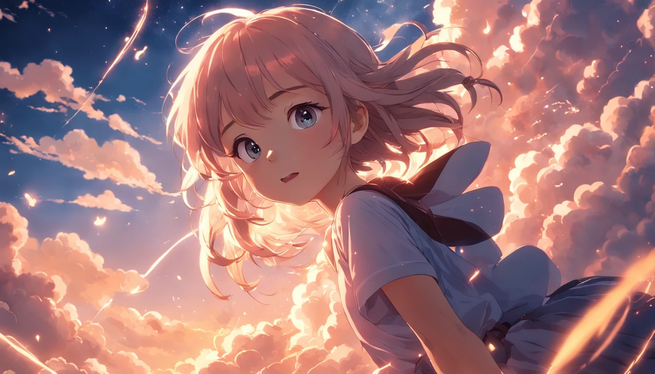 masterpiece, best quality, movie still, 1girl, cloud girl, floating in the sky, close-up, bright, happy, warm soft lighting, sunset, (sparks:0.7)