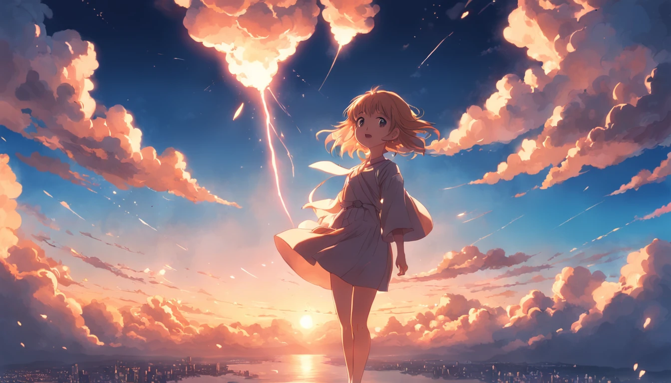 masterpiece, best quality, movie still, 1girl, cloud girl, floating in the sky, close-up, bright, happy, warm soft lighting, sunset, (sparks:0.7)