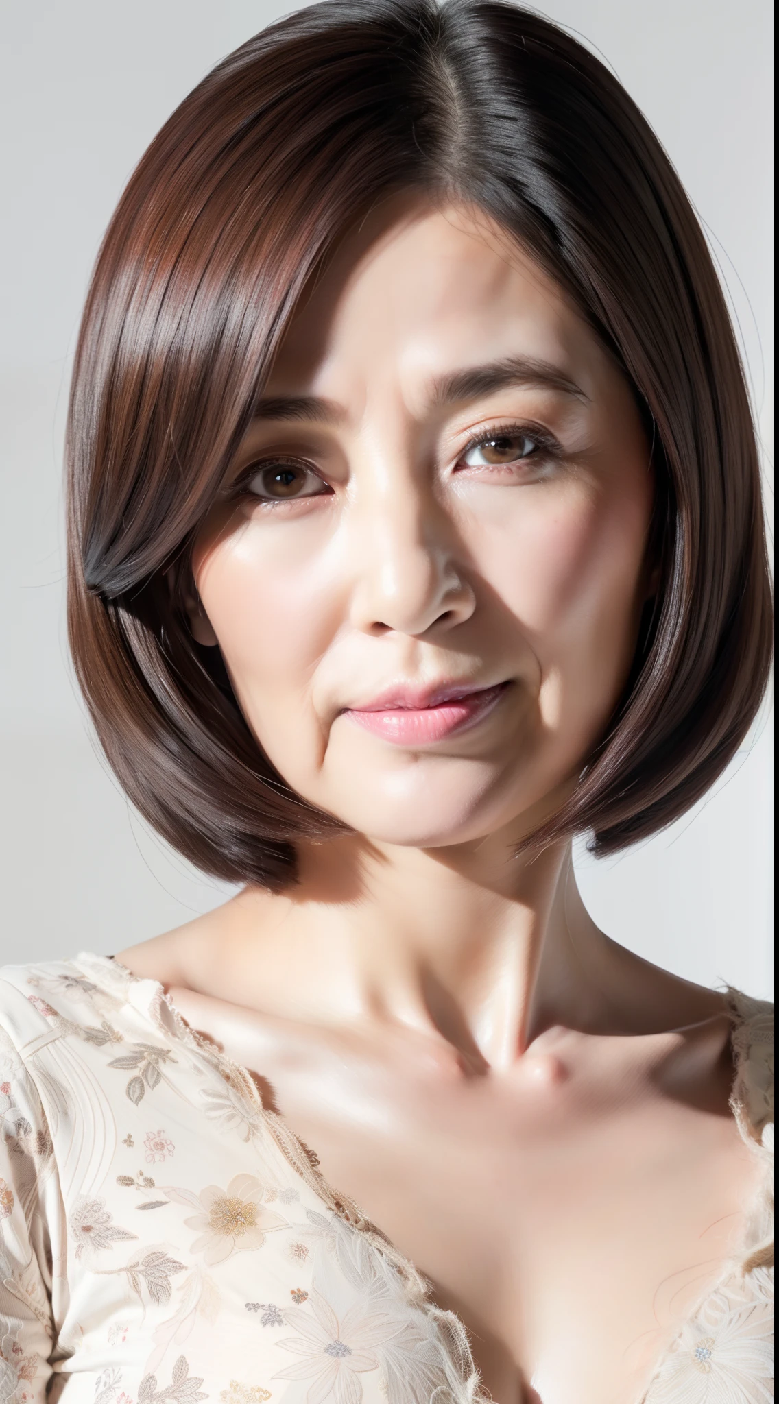 gravure, masutepiece, Best Quality, Ultra-detailed, Photorealistic, super detailed skin, Perfect ???????, (1 Portrait of Japan mature woman), (Solo), 85 years old, Large breasts, Mature Announcer, Natural hair color, glamor, A sexy, Chromo-white skin, Looking at Viewer,