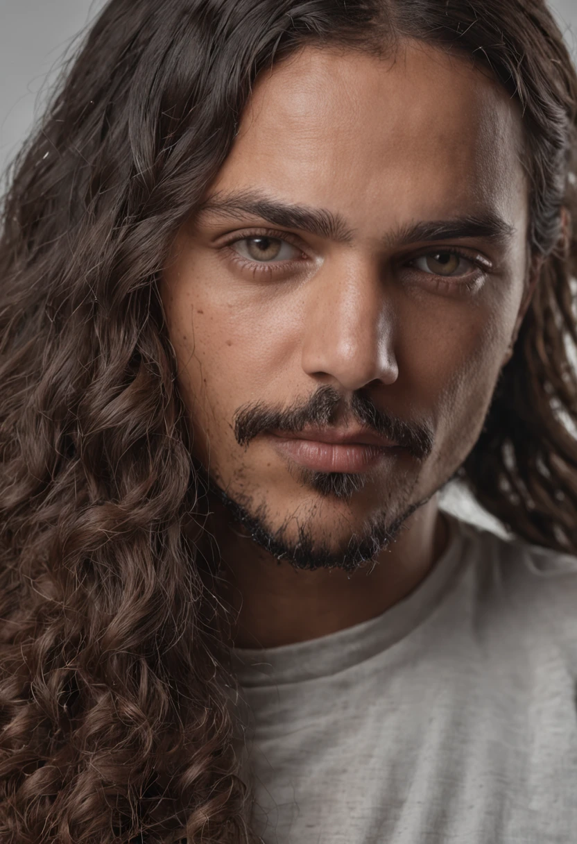 Poeta negro de dreads, com bigode, sem barba, segurando um megafone e um livro de poemas no meio de um bar urbano