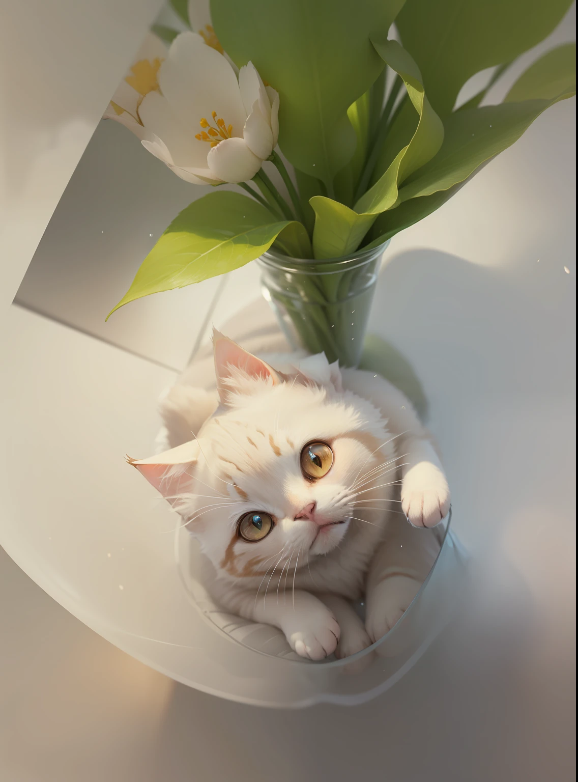 Cat lady, Soft and delicate, Innocent and adorable, vellus hair, Mist floating, Gentle light, softcolors, dreamy background, Confectionery, Small pattern, Sweet expression, Small paws, pointy ears