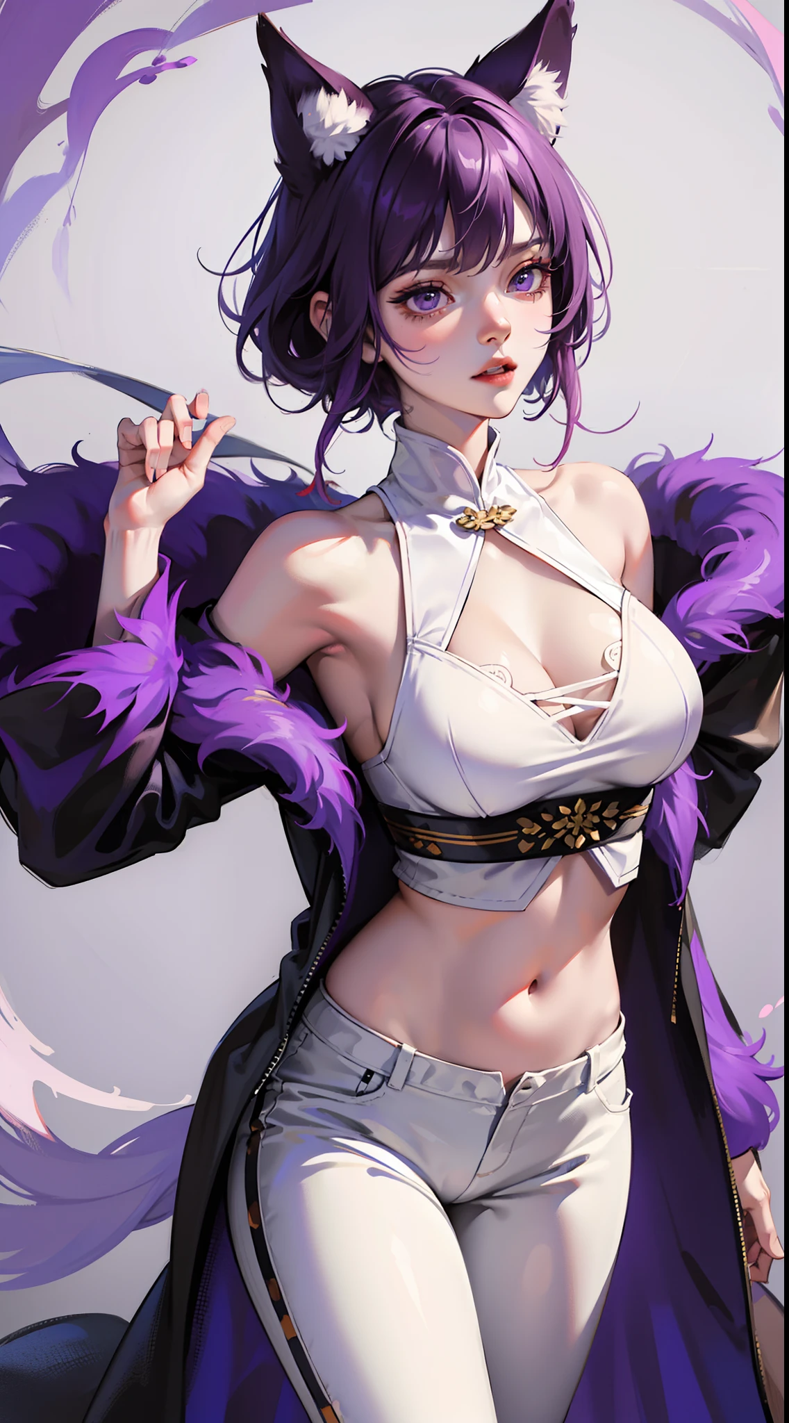 Adult woman, short purple hair with white strands, Fox ears, violet eyes, Chinese Battle Dress, neckline on the chest, open belly, tight pants, Fox tails, angry, Masterpiece, hiquality