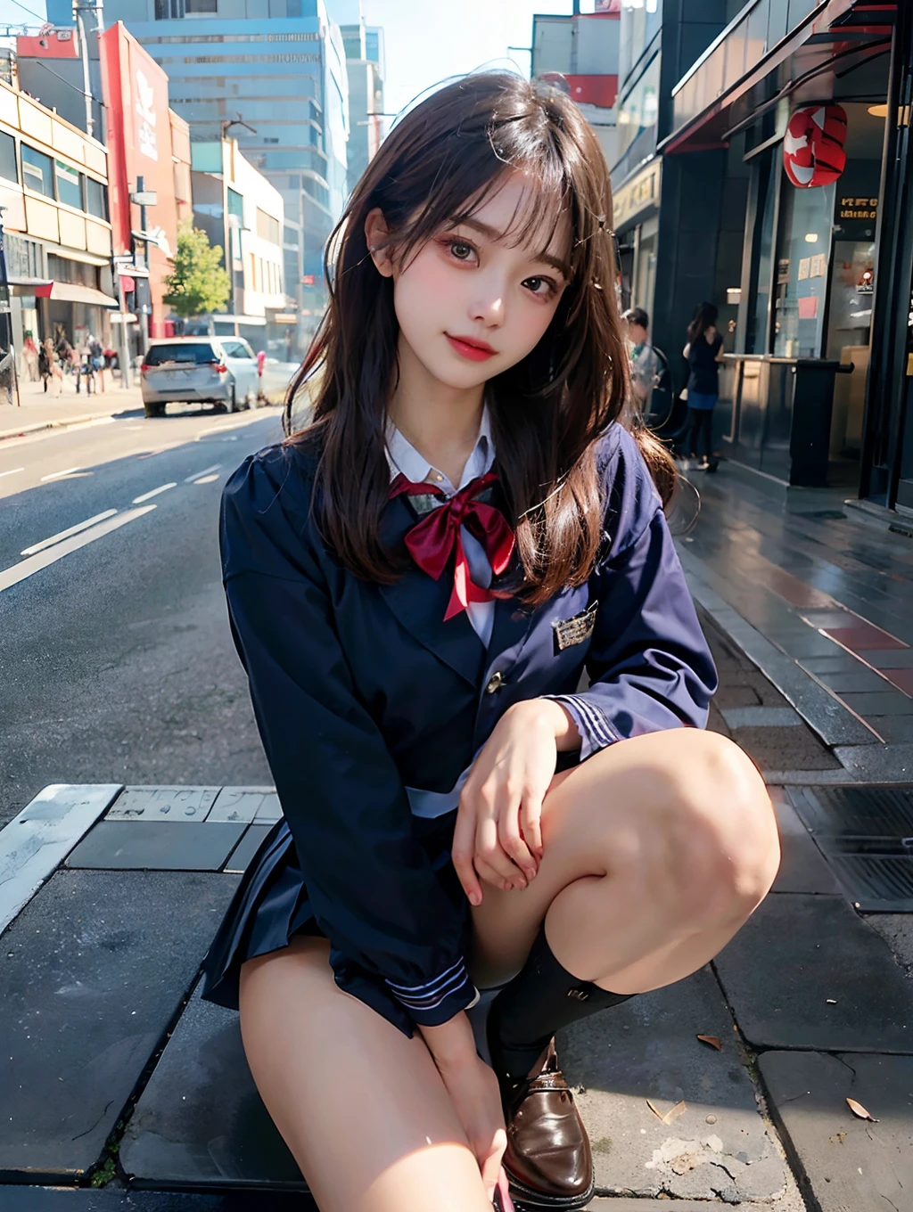 Dark blue socks Brown loafers、(Raw photography:1.2)、(Photorealsitic:1.4)、Beautiful detailed beauty and delicate facial expressions、a blond、((Panties are visible))(Crouching pante shot、beatiful detailed eyes、Smiling、In the street Skyscrapers in the background huge filesize、ultra-detailliert、hight resolution、Transcendent beauty top-quality、masterpiece、、(Japanese girls' high school uniform))、Very detailed expression Magnificent、finely detail、Highly detailed face movie lighting、A 23-year-old girl、front facing、((dynamicposes)))、(Sitting on legs with bent knees))、pleatedskirt、blazers、Sexy upper eyes