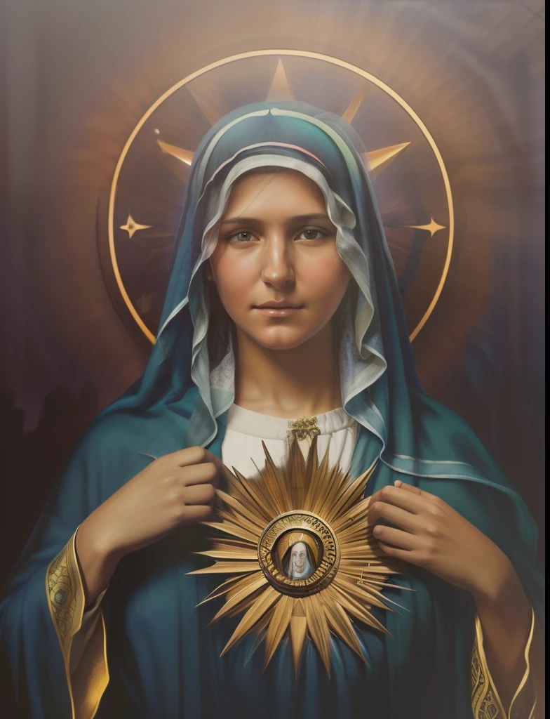 (Enfoque frontal), (En la oscuridad:1.6), (((Hyperrealistic portrait of the Virgin Mary))) por David Hockney y Alphonse mucha, Fantasy art, Foto realista, dynamic lighting, Artstation, poster, volumetric illumination, Caras muy detalladas, 4 K, Premiado, 1Chico, En la oscuridad, Sombra profunda, Clave baja, (Ropa oficial: 1.4), Cabello largo,