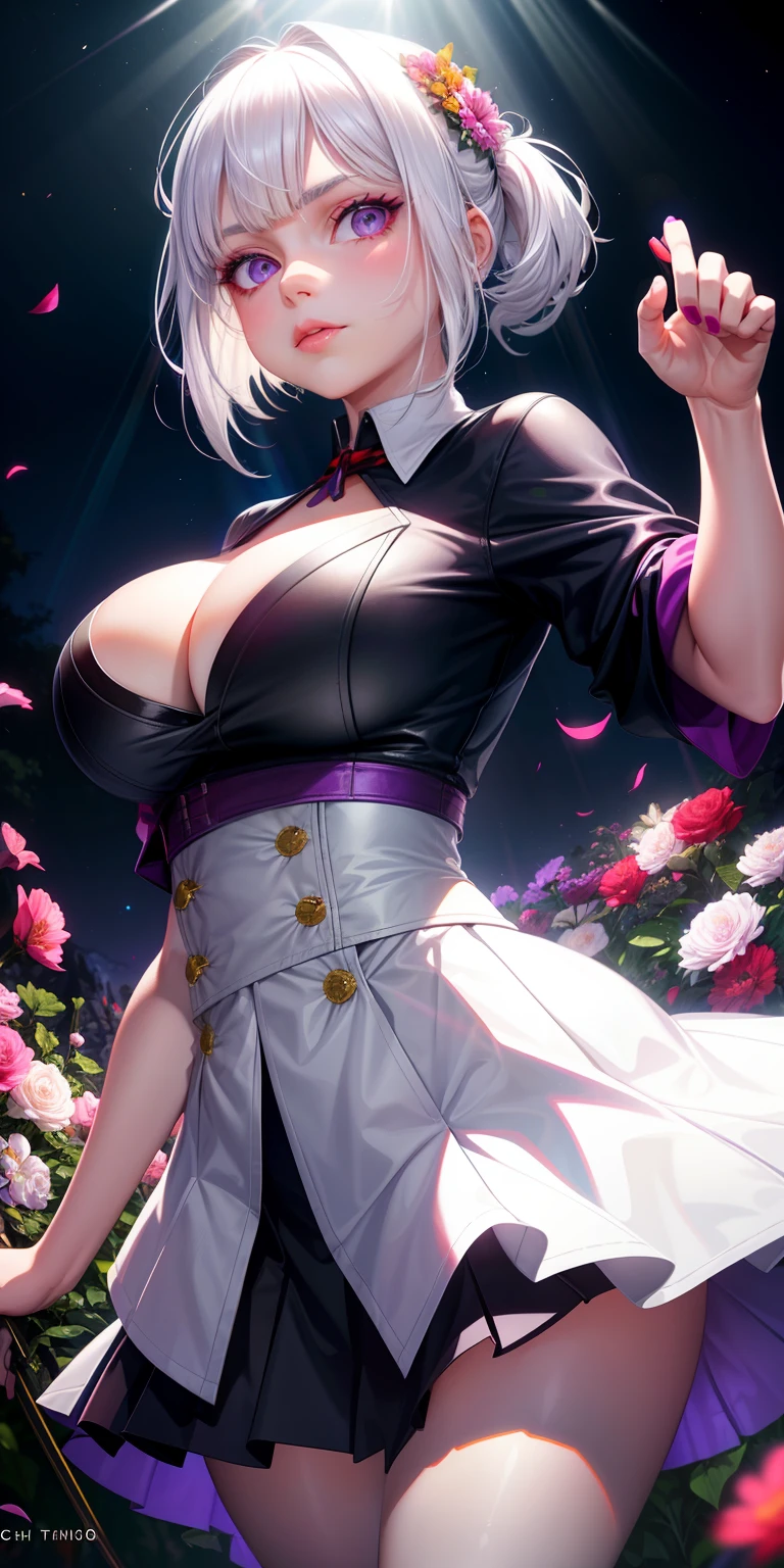 realisticlying，1girl，White hair，Purple eye，glowing light eyes，Cut the top，a skirt，parted lip，Be red in the face，the night，fresh flowers，suns，rays of sunshine，Exposed breasts