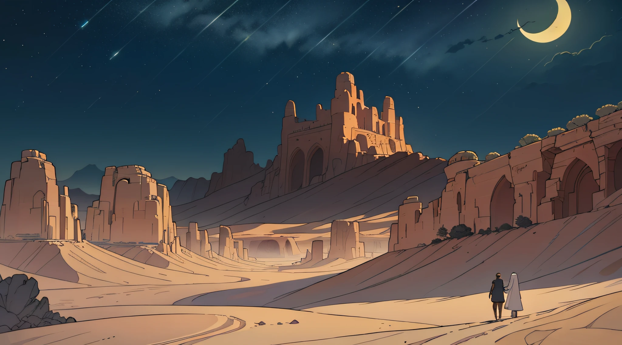 (masterpiece, distant view, rich colors, ultra detailed), a majestic desert landscape, full of sands and intricate rocky formations, few vegetation, and a majestic mountain on the distant horizon, in a fantasy-style reminiscent of an Arabian night.