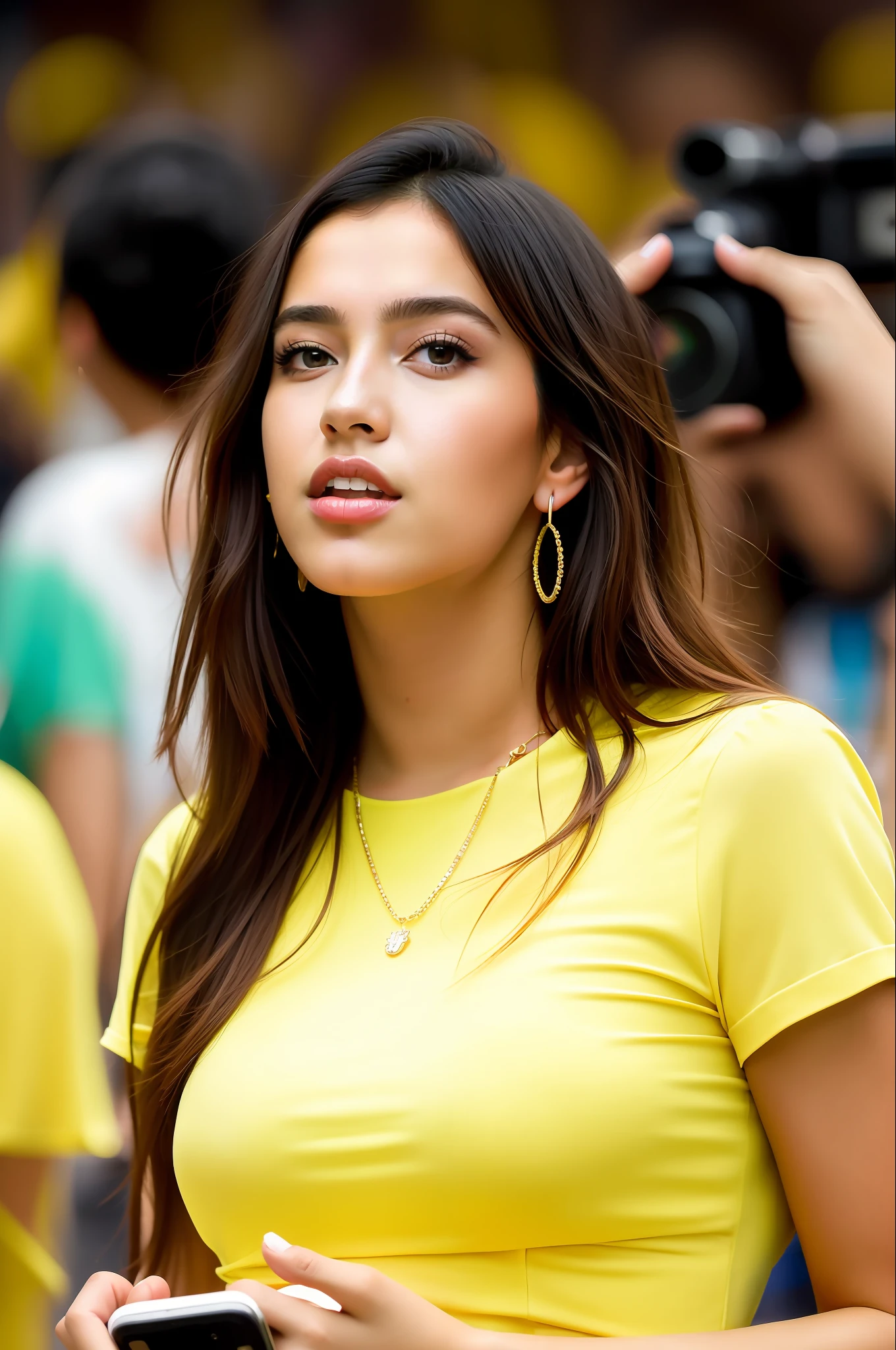 Beautiful Araffe woman in yellow shirt holding a cell phone in front of a crowd, Supermodelo brasileira, brasileiro, na copa do mundo, fernanda suarez, Caroline Gariba, Ana de Armas, Colombiano, Malika Favre, linda senhora, julia sarda, 🇺🇦, Parece Fabiula Nascimento, Dua Lipa, Mulher mexicana bonita, fotografiarrealista, fotografia, obra-prima, realista, Realismo, renderizado, Alto contraste, Arte Digital, fotográficorealista, trend in Artstation 8k HD, high definiton, circunstanciado, Realistic, detalhada, textura da pele, hiperdetalhada, Textura realista da pele, melhor qualidade, ultra high-resolution, (fotografiarrealista: 1.4), alta resolução, detalhada, fotografia crua, sharp resolution, Nikon D850 filmes, fotografia de stock 4, Kodak Portra 400 Camera F1 Lens.6, textura hiper realista, lighting dramatic, cores vibrantes, Unrealistic trend in Artstation Cinestill 800, .RAW.