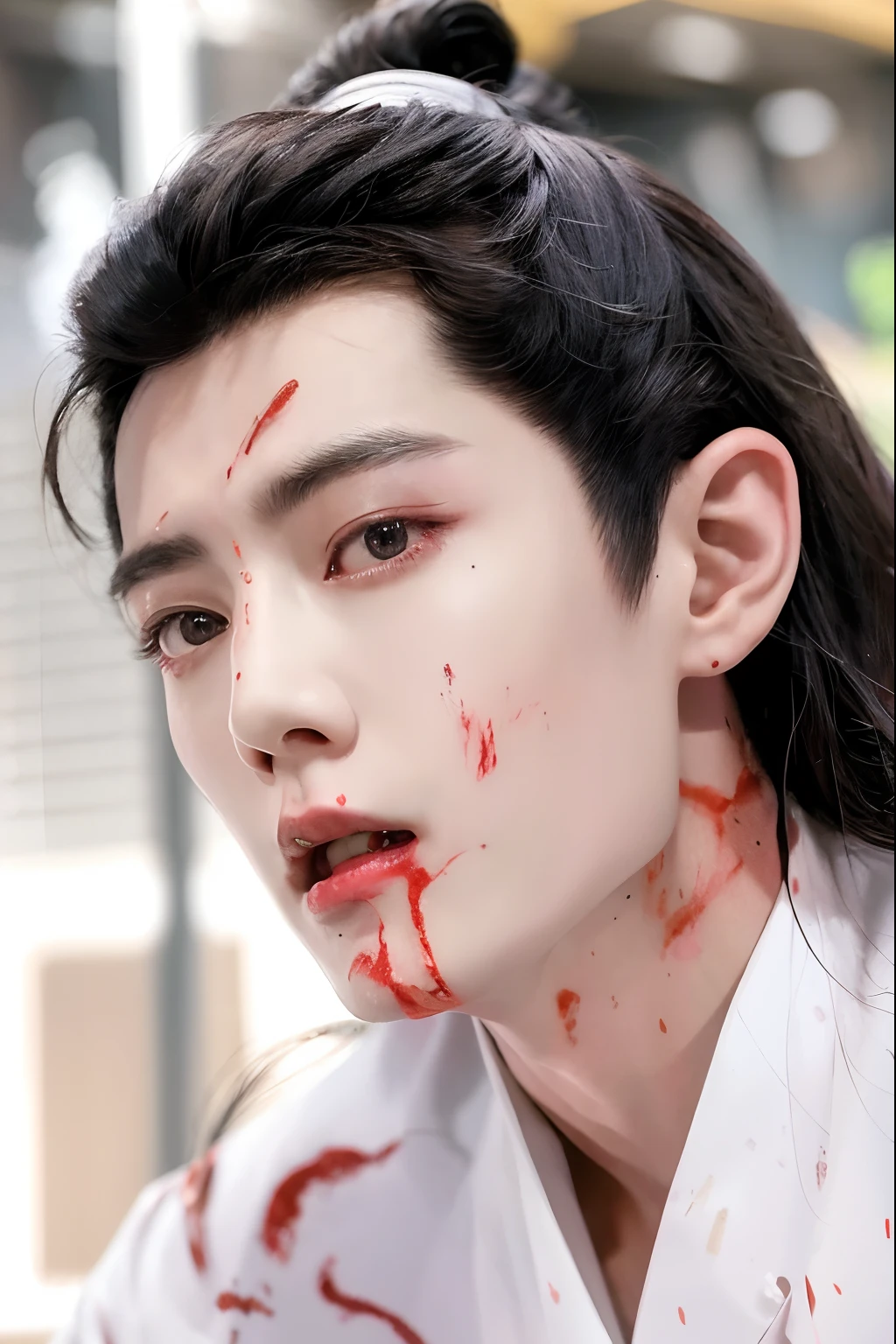 Xiao Zhan,Handsome guy with blood on his clothes and face, Xiao Zhan,Big handsome guy ,Invincible big handsome guy,The eyes are beautiful and pure,Unparalleled beauty,handsome japanese demon boy, clean brutal blooded face, male vampire, Blood on his face