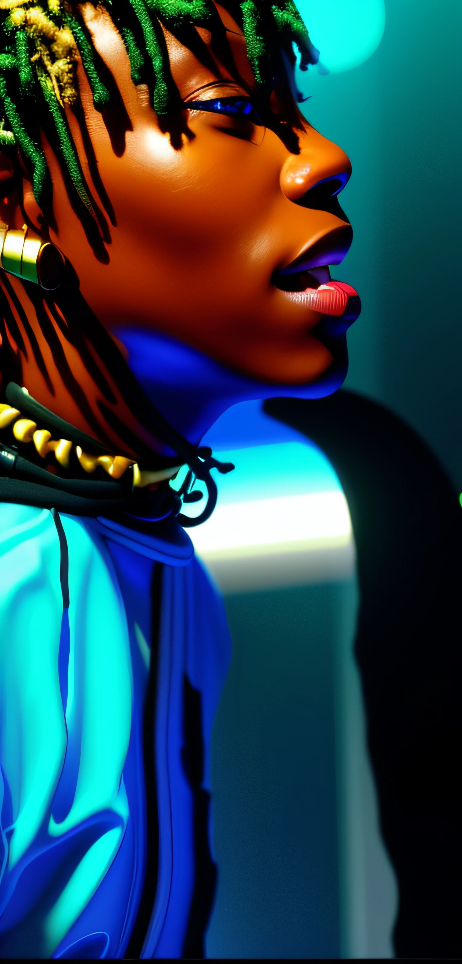 There is an african man with blue dreadlocks on his head, synthpunk art, cyberpunk, technological, futuristic, futuristic city background, Low quality footage, neck enlarged from lips down, detailed face without blur, low quality video, , Crips details, Thick neck gold teeth, Close-up footage, Still from a music video, Enlarged neck, Playboi Books, Playing a music video