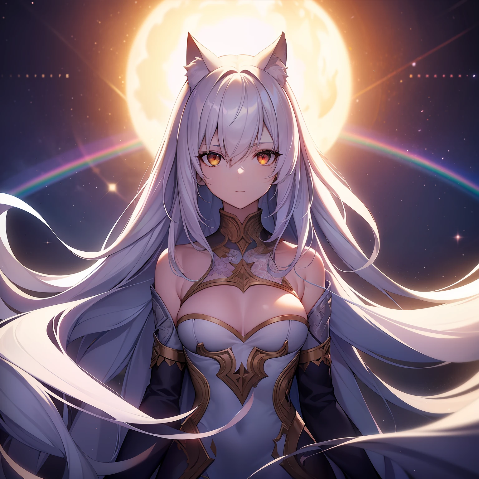hair is white and long,cat ear,the skin is pale, She enveloped me like a serpent in an interstellar wind, Highest Quality, Enveloping the Sword of the Brave, ((Scared)), Lens Flare, Big rainbow,The moon shines,Star chips, bloom, ((light glow)), chromatic abberation],  Digital Painting, Insane details, Intricate details, Beautifully color graded, Unreal Engine, Cinematic , colour grading, Editorial Photography , Photography, photo shot, Shot on 70mm lens, depth of fields, degrees of freedom, Tilt Blur, Shutter Speed 1/1000, H/22