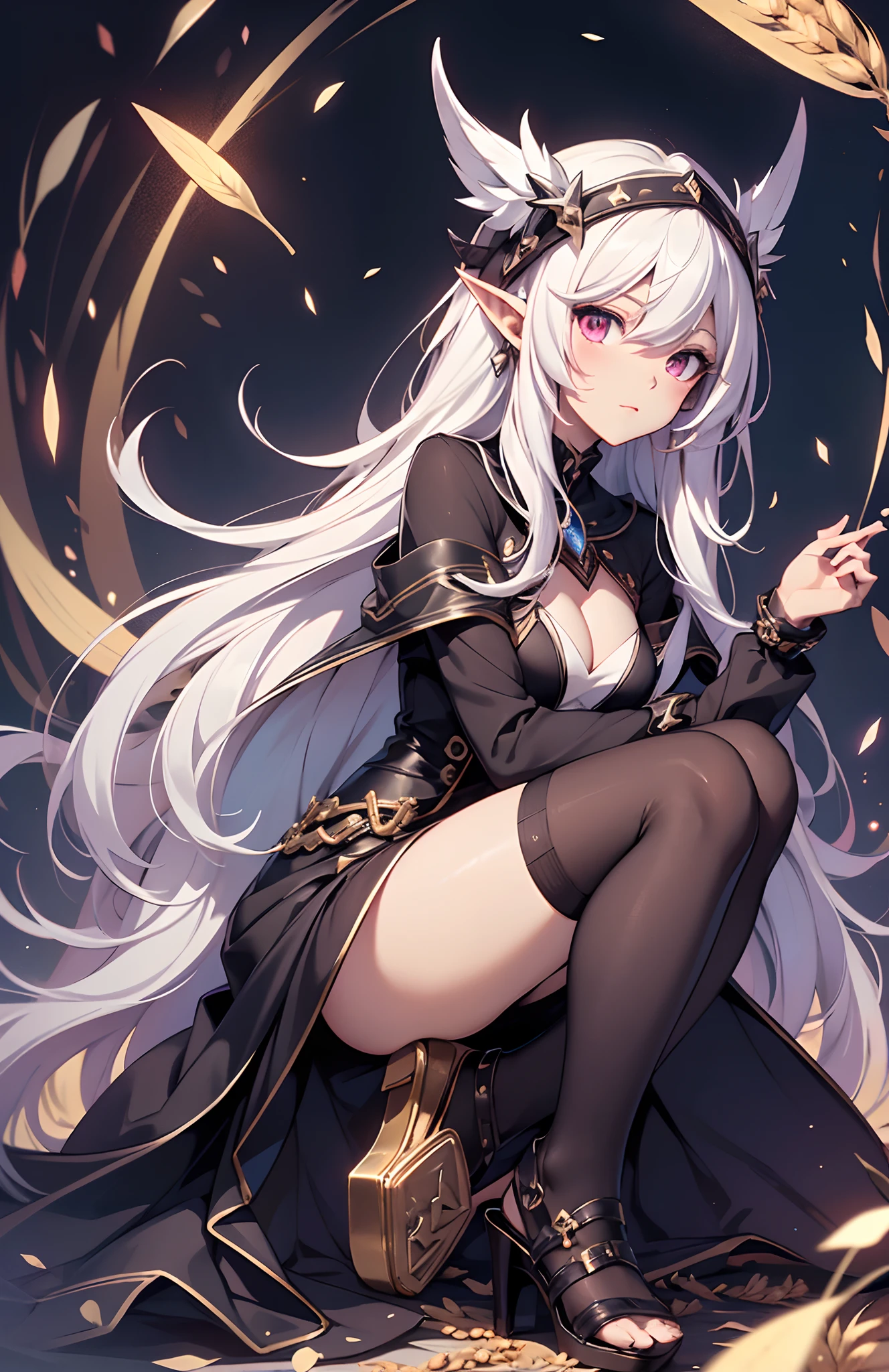best qualityer,tmasterpiece,Ultimate resolution,downy,Extremely colorful,Colorful,Night,dark night background,Long flowing white hair,(Dark Elves+,Wheat-colored skin),Kneeling pose,a matural female,Black pedal socks,(heeled sandals),Normal posture,Normal posture