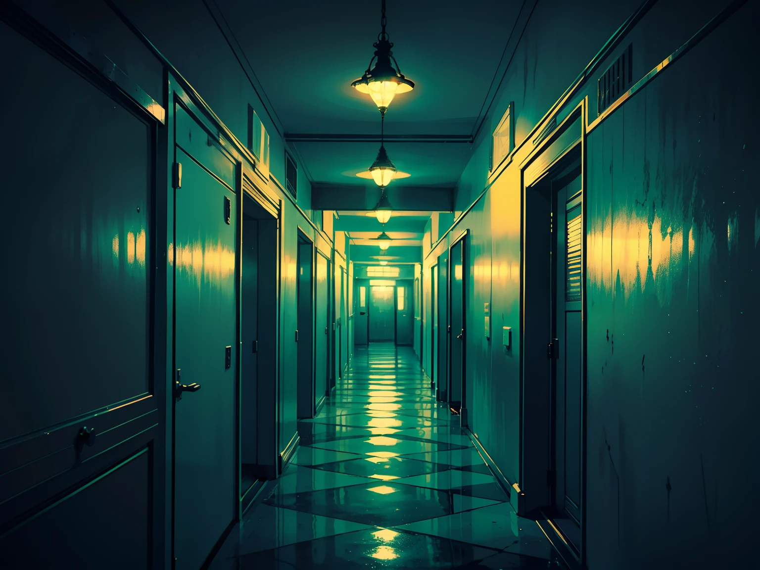 Dimly lit corridors, flickering lights, terrifying atmosphere