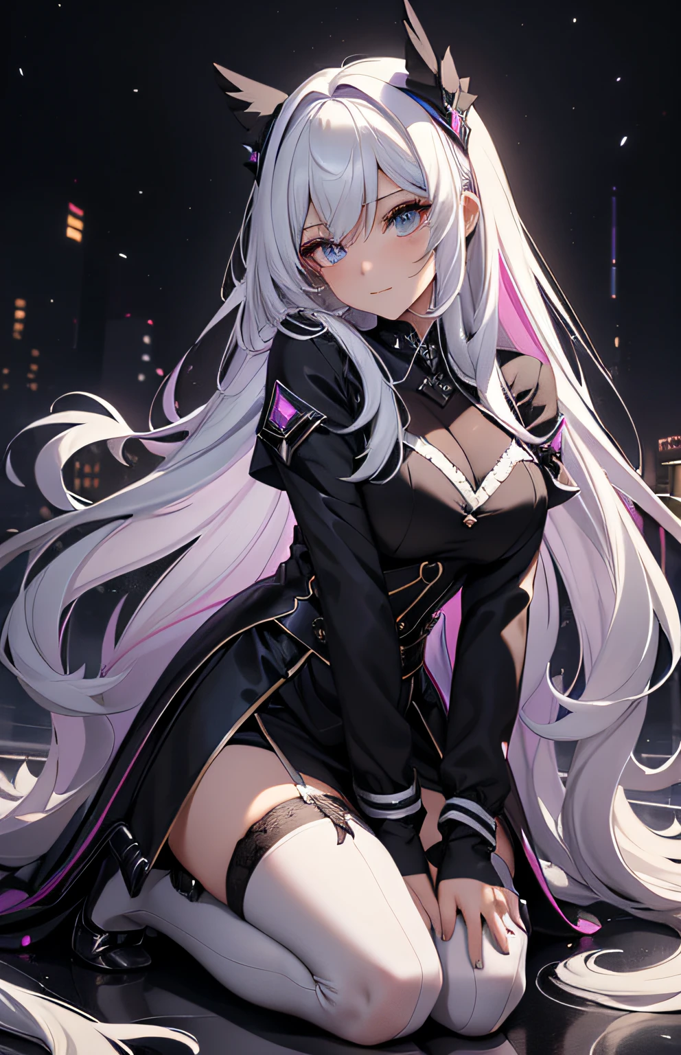 best qualityer,tmasterpiece,Ultimate resolution,downy,Extremely colorful,Colorful,Night,dark night background,Long flowing white hair,black lence stockings,a matural female,Black pedal socks,(heeled sandals),Kneel in a normal position