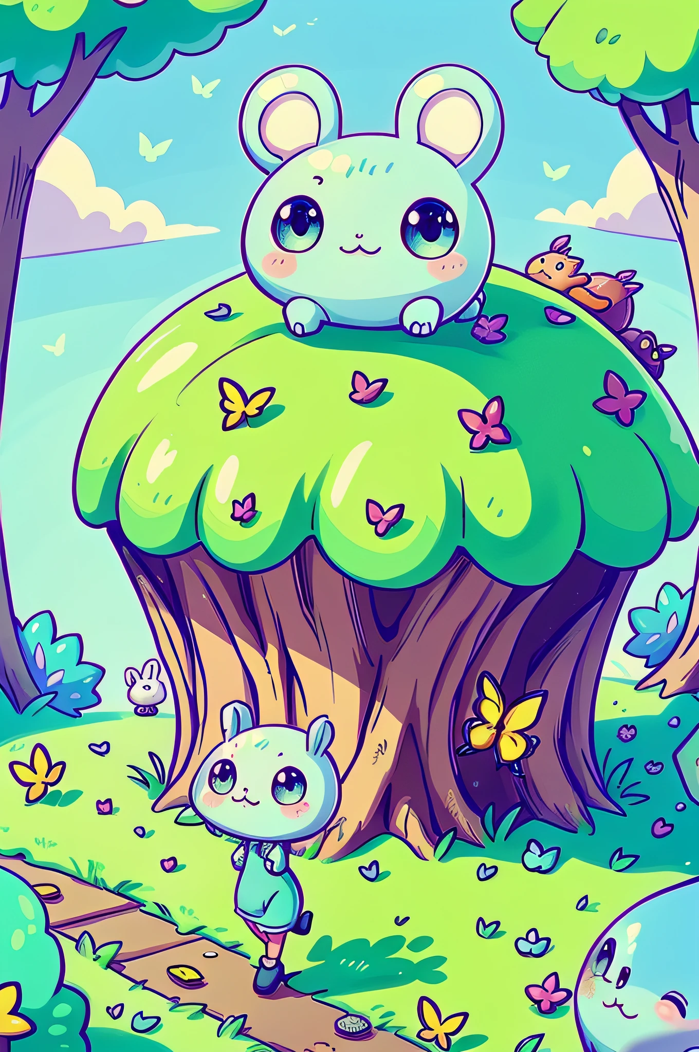 Cute little slime monsters walking happily in the magic city, trees with lots of leaves, Flowers, Blue sky, Cute rabbits follow little monsters in the enchanted forest, butterflys, candy store